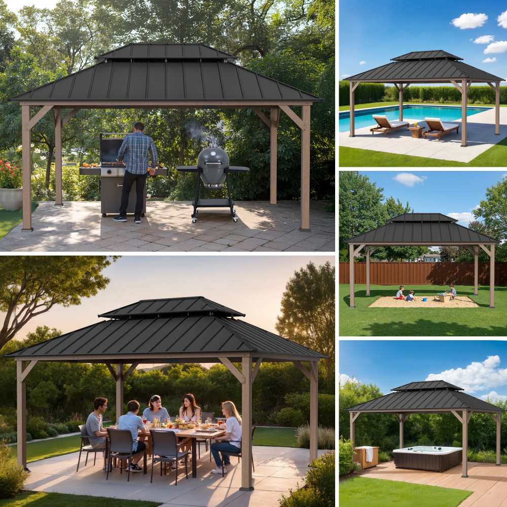 Mazonvintage 12x16 Patio Cedar Wood Gazebo with Galvanized Steel Roof & Mosquito Netting