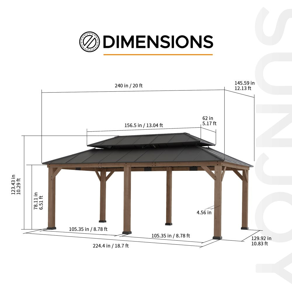 Mazonvintage 12x20 Patio Wooden Gazebo with Ceiling Hooks - Weathered Cedar