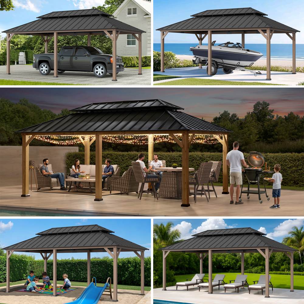 Mazonvintage 12x20 Patio Wooden Gazebo with Ceiling Hooks - Weathered Cedar