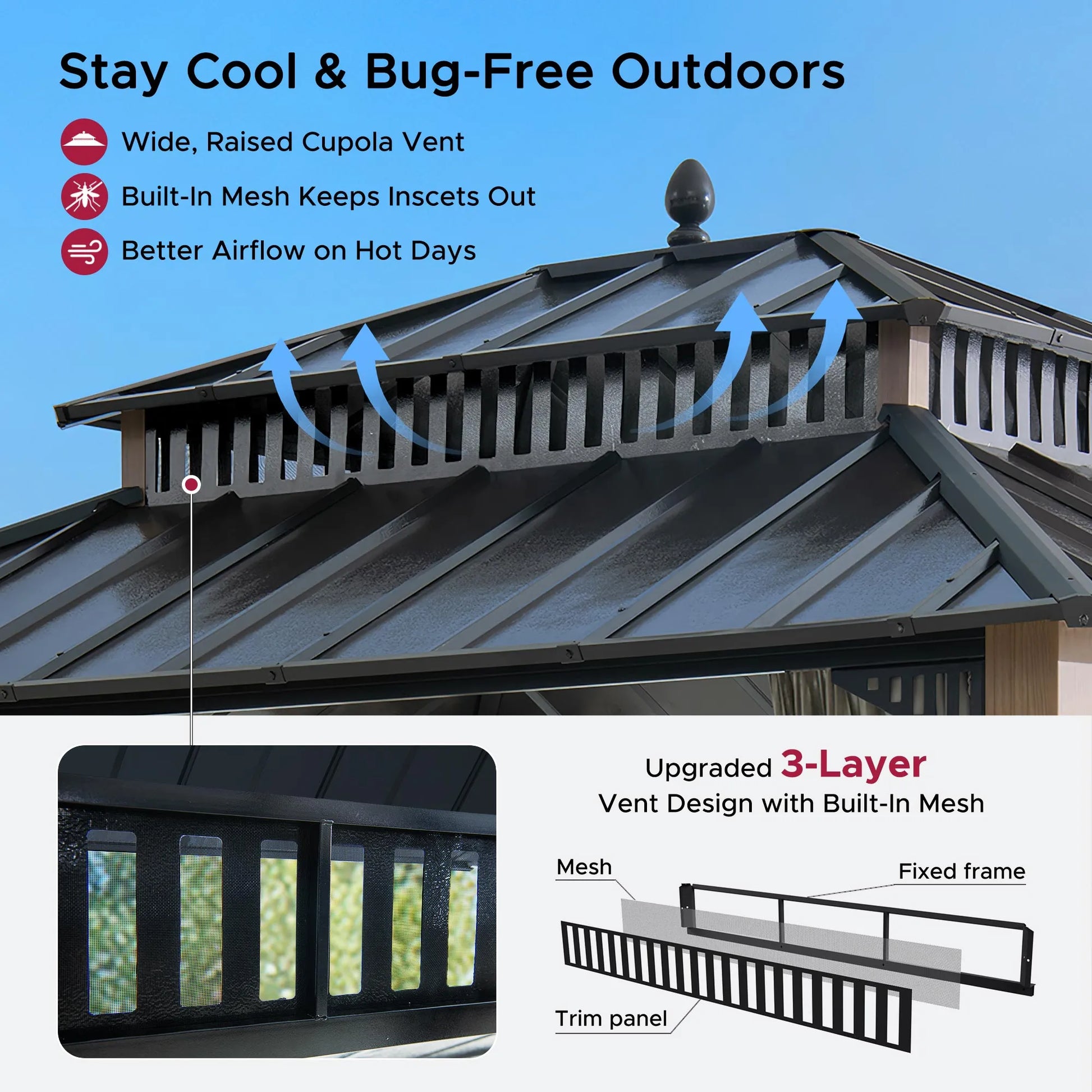 Mazonvintage Kingston 12x10 Gazebo with Netting & Curtain | Steel Roof - Woodgrain Aluminum Posts