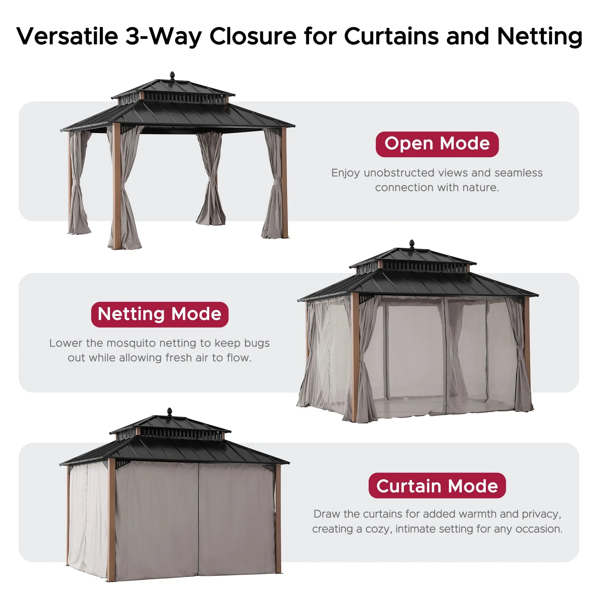 Mazonvintage Kingston 12x10 Gazebo with Netting & Curtain | Steel Roof - Woodgrain Aluminum Posts