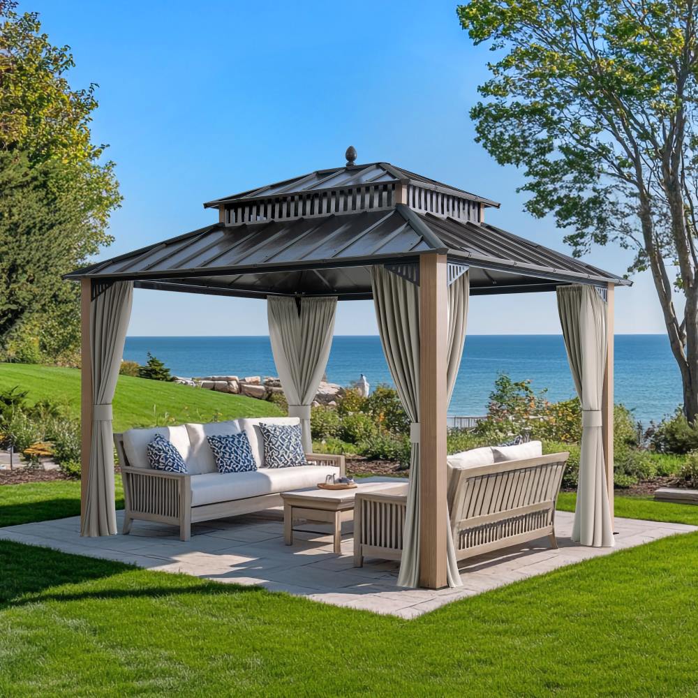 Mazonvintage Kingston 12x10 Gazebo with Netting & Curtain | Steel Roof - Woodgrain Aluminum Posts