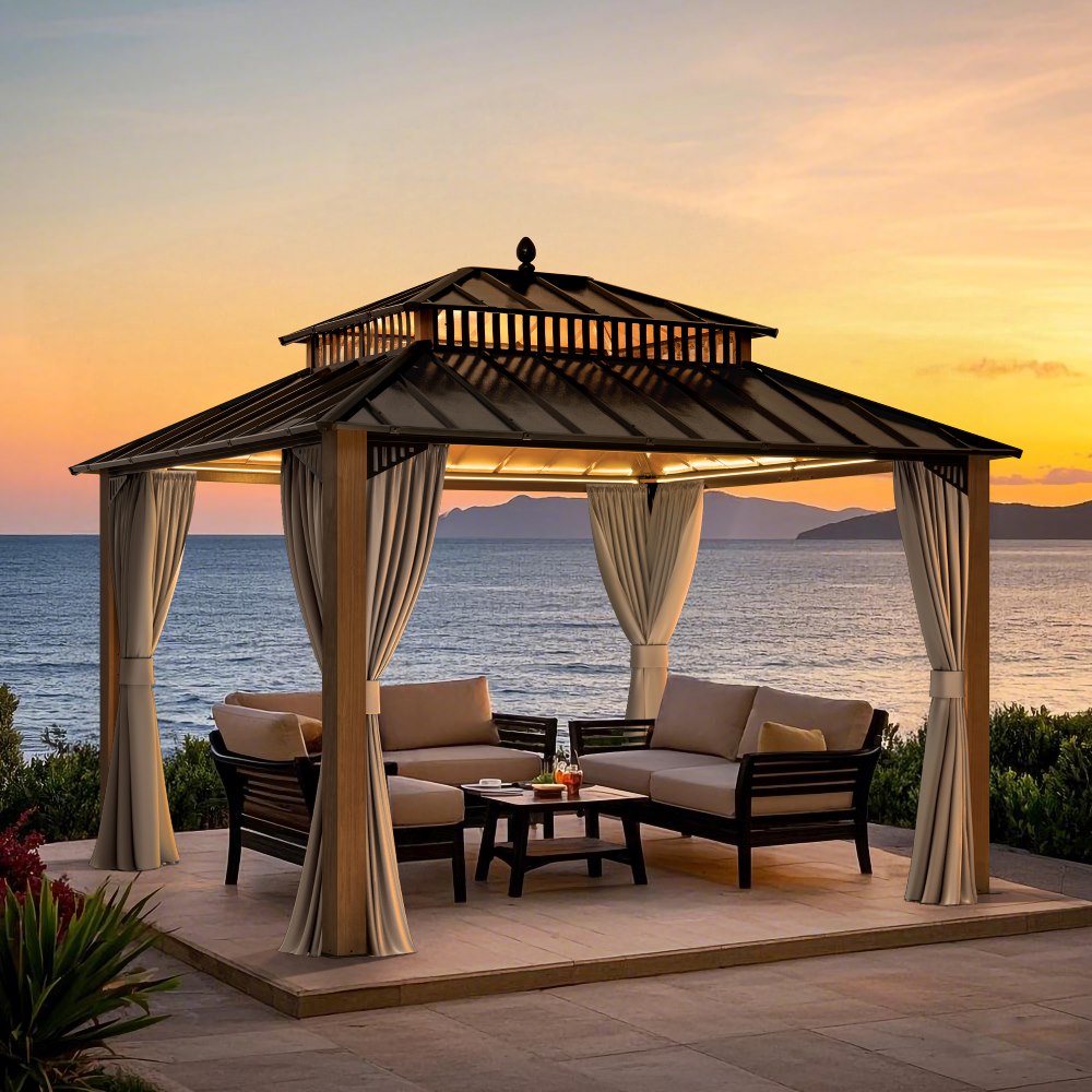 Mazonvintage Kingston 12x10 Gazebo with Netting & Curtain | Steel Roof - Woodgrain Aluminum Posts
