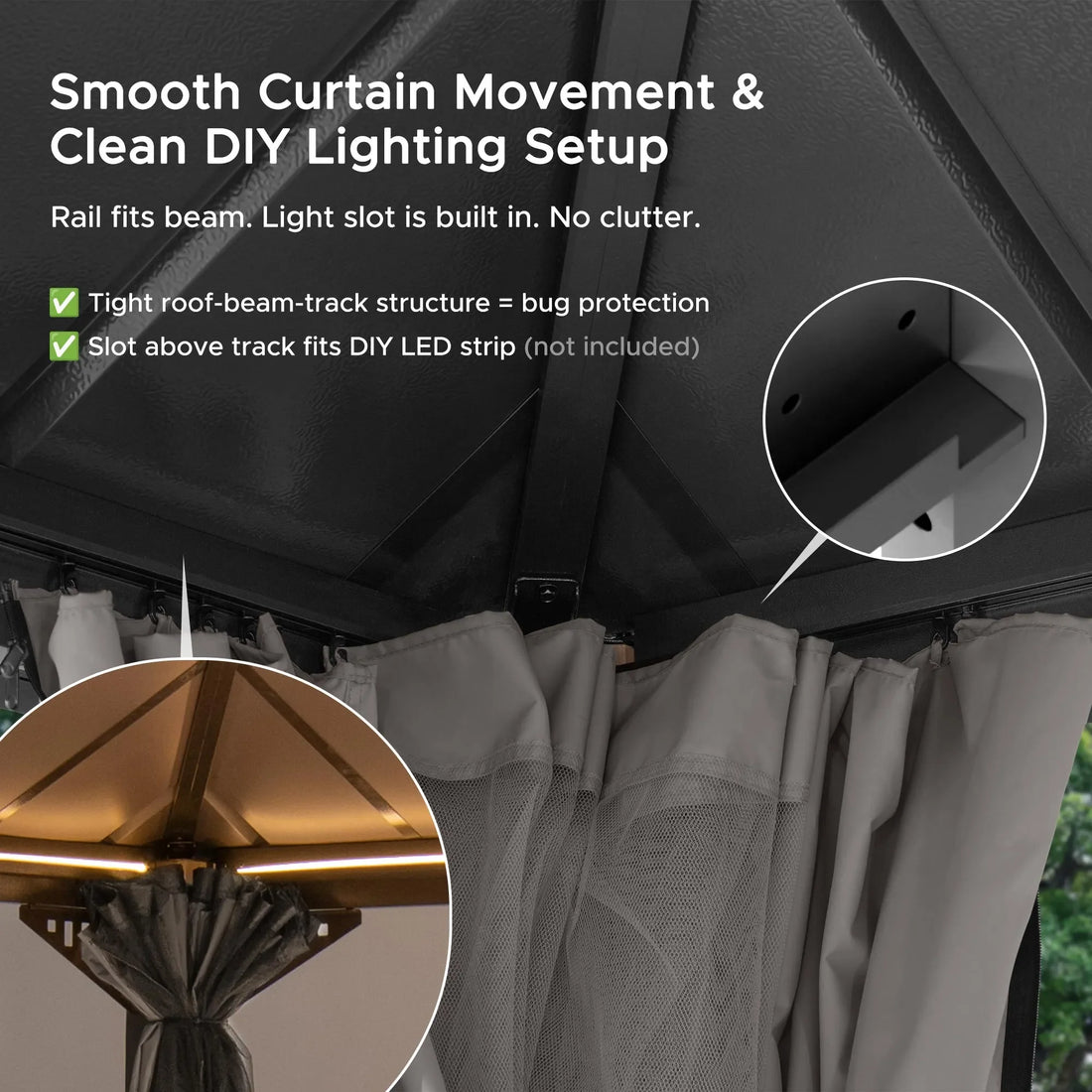 Mazonvintage Kingston 12x10 Gazebo with Netting & Curtain | Steel Roof - Woodgrain Aluminum Posts