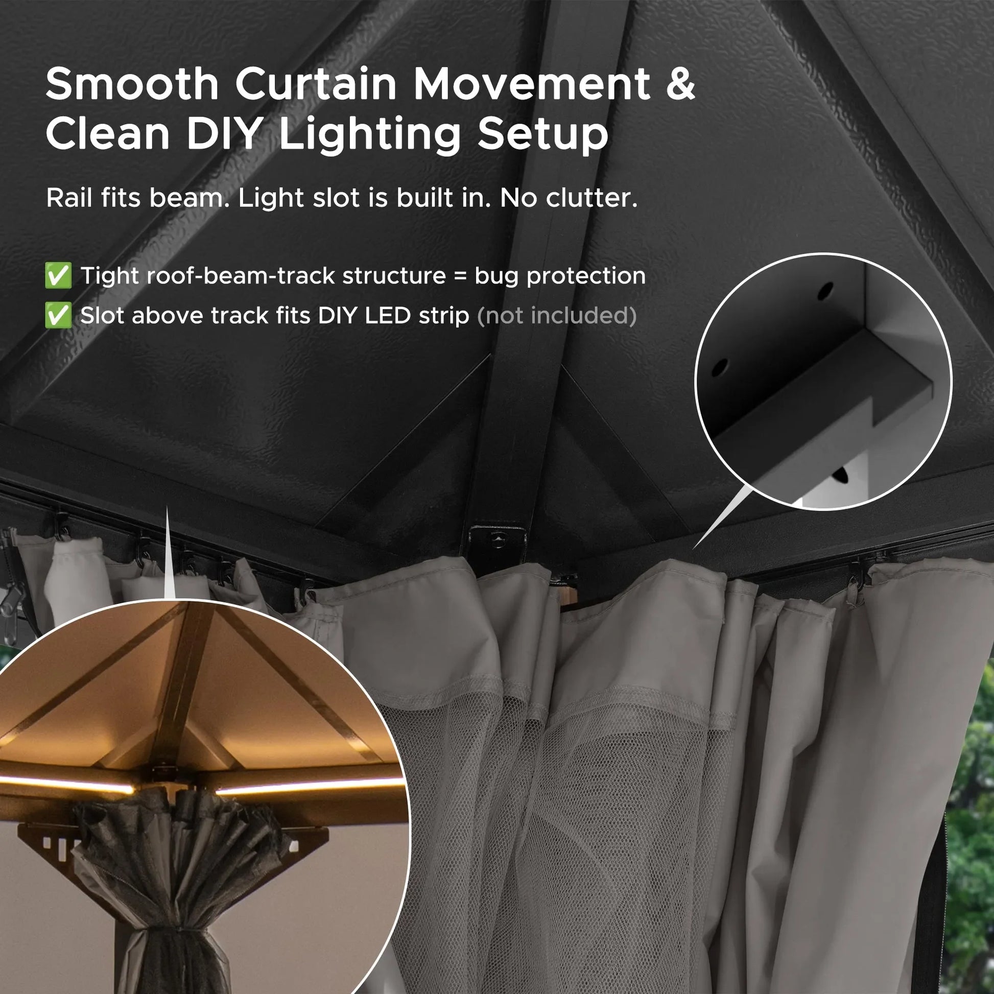 Mazonvintage Kingston 12x10 Gazebo with Netting & Curtain | Steel Roof - Woodgrain Aluminum Posts