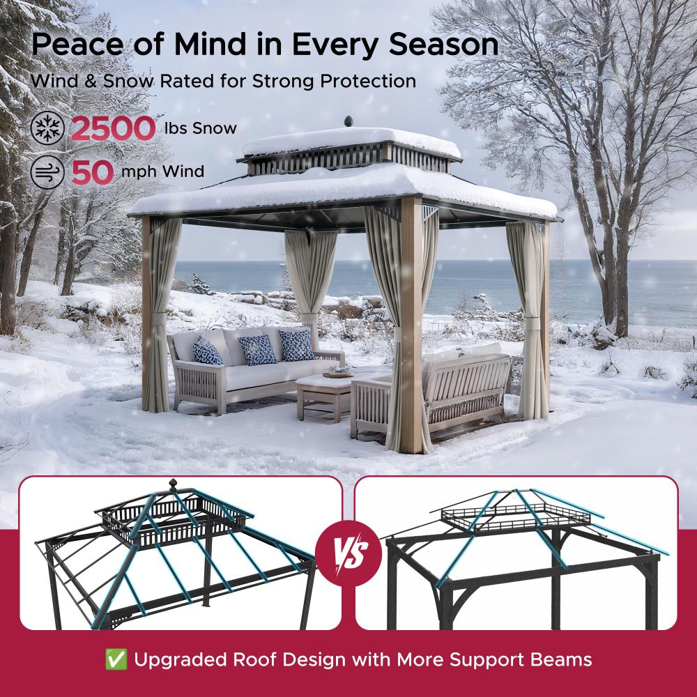 Mazonvintage Kingston 12x10 Gazebo with Netting & Curtain | Steel Roof - Woodgrain Aluminum Posts