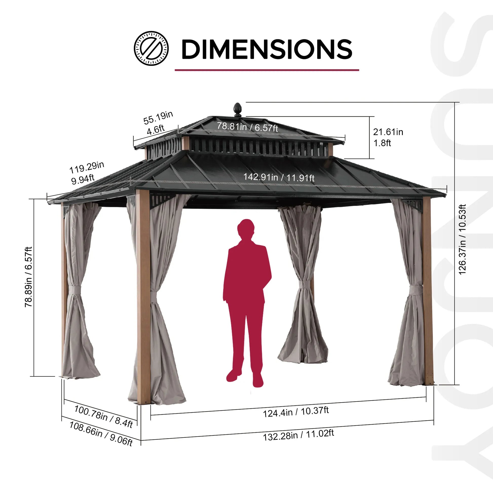 Mazonvintage Kingston 12x10 Gazebo with Netting & Curtain | Steel Roof - Woodgrain Aluminum Posts