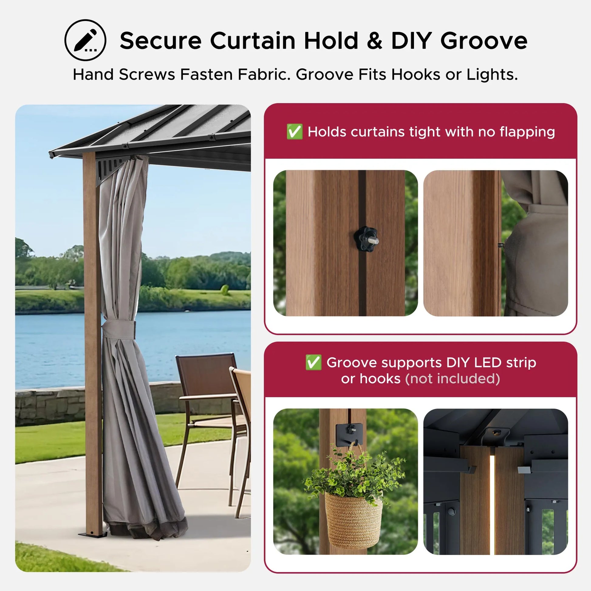 Mazonvintage Kingston 12x10 Gazebo with Netting & Curtain | Steel Roof - Woodgrain Aluminum Posts
