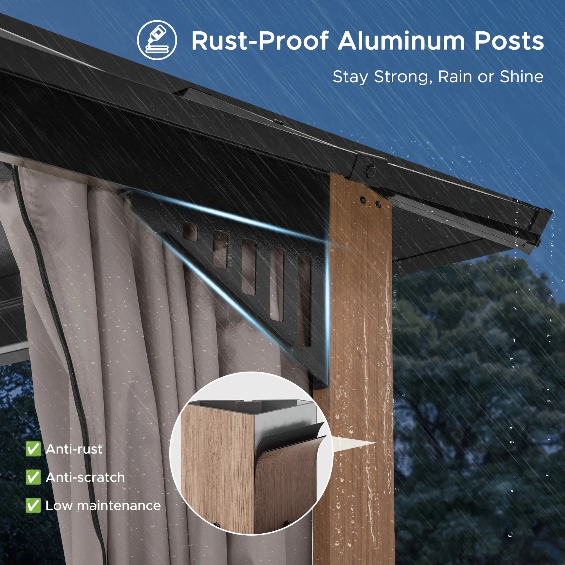Mazonvintage Kingston 12x10 Gazebo with Netting & Curtain | Steel Roof - Woodgrain Aluminum Posts