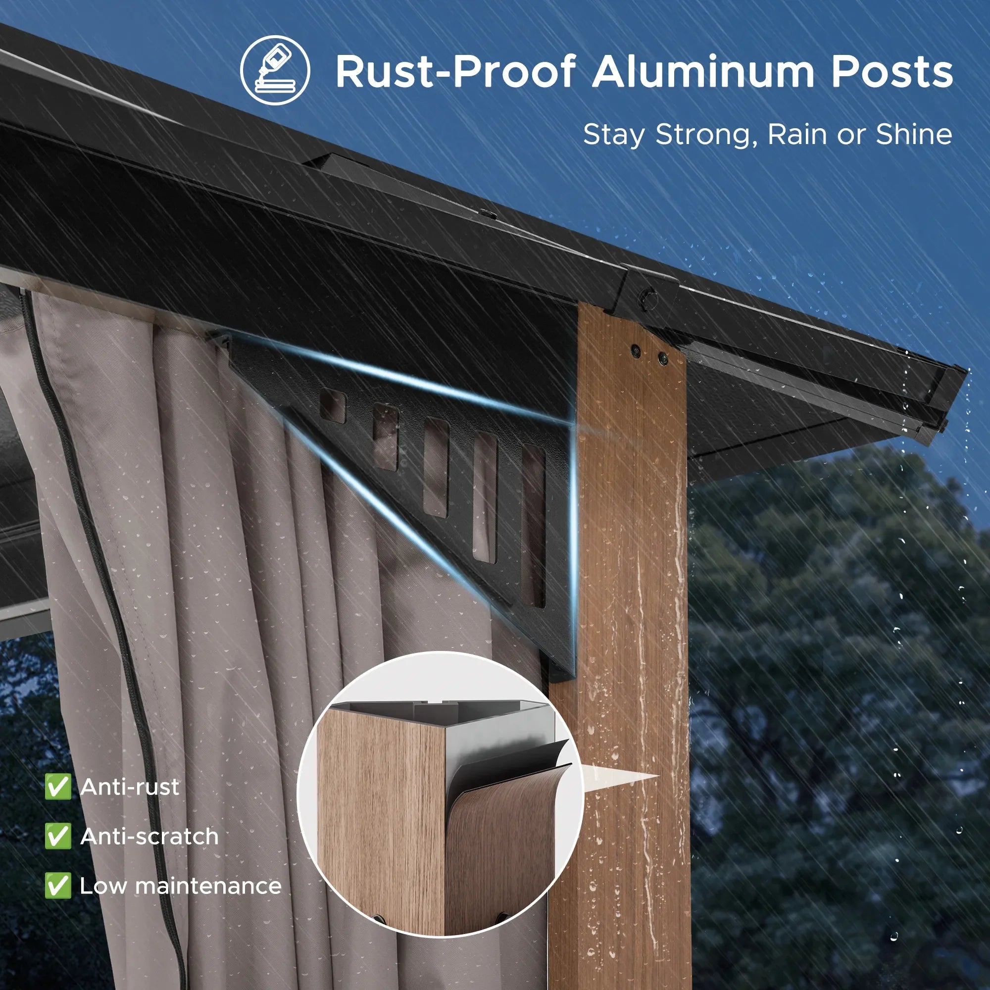 Mazonvintage Kingston 12x10 Gazebo with Netting & Curtain | Steel Roof - Woodgrain Aluminum Posts