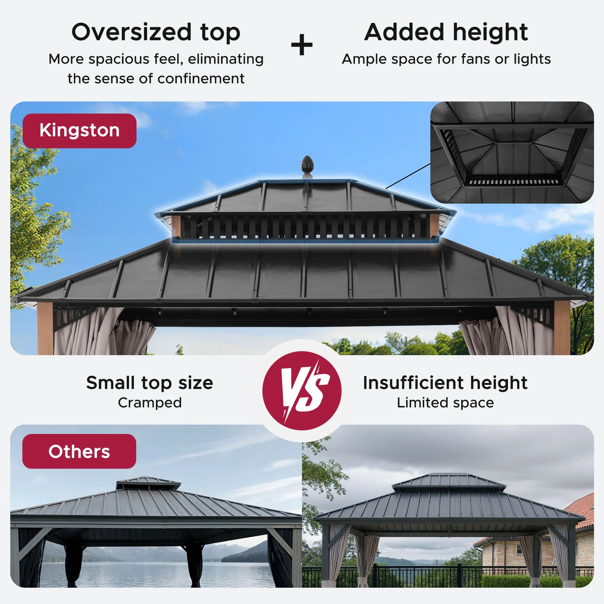 Mazonvintage Kingston 12x10 Gazebo with Netting & Curtain | Steel Roof - Woodgrain Aluminum Posts