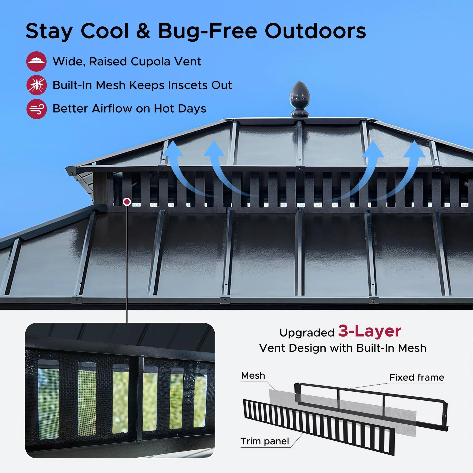 Mazonvintage Kingston 12x10 Gazebo with Netting & Curtain | Steel Roof - Gray Aluminum Posts