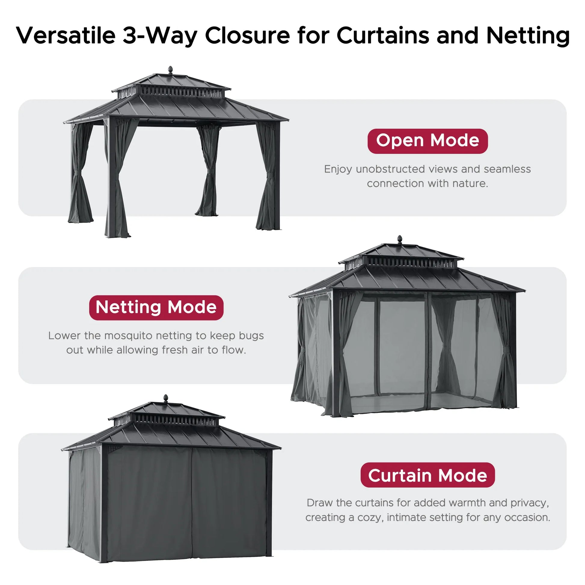 Mazonvintage Kingston 12x10 Gazebo with Netting & Curtain | Steel Roof - Gray Aluminum Posts