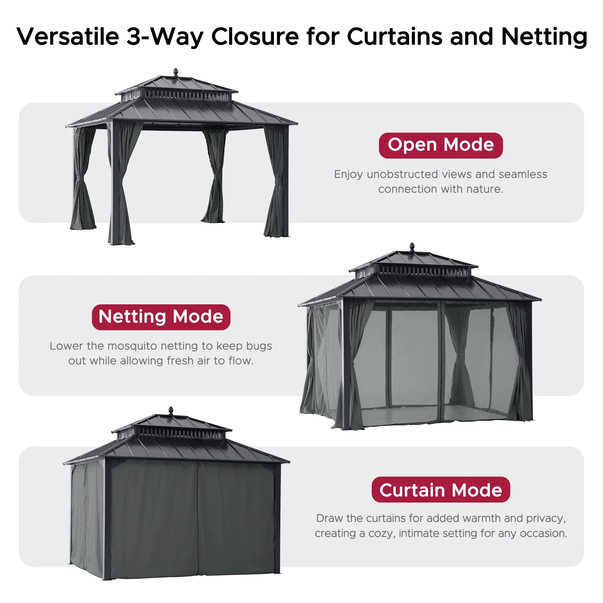 Mazonvintage Kingston 12x10 Gazebo with Netting & Curtain | Steel Roof - Gray Aluminum Posts