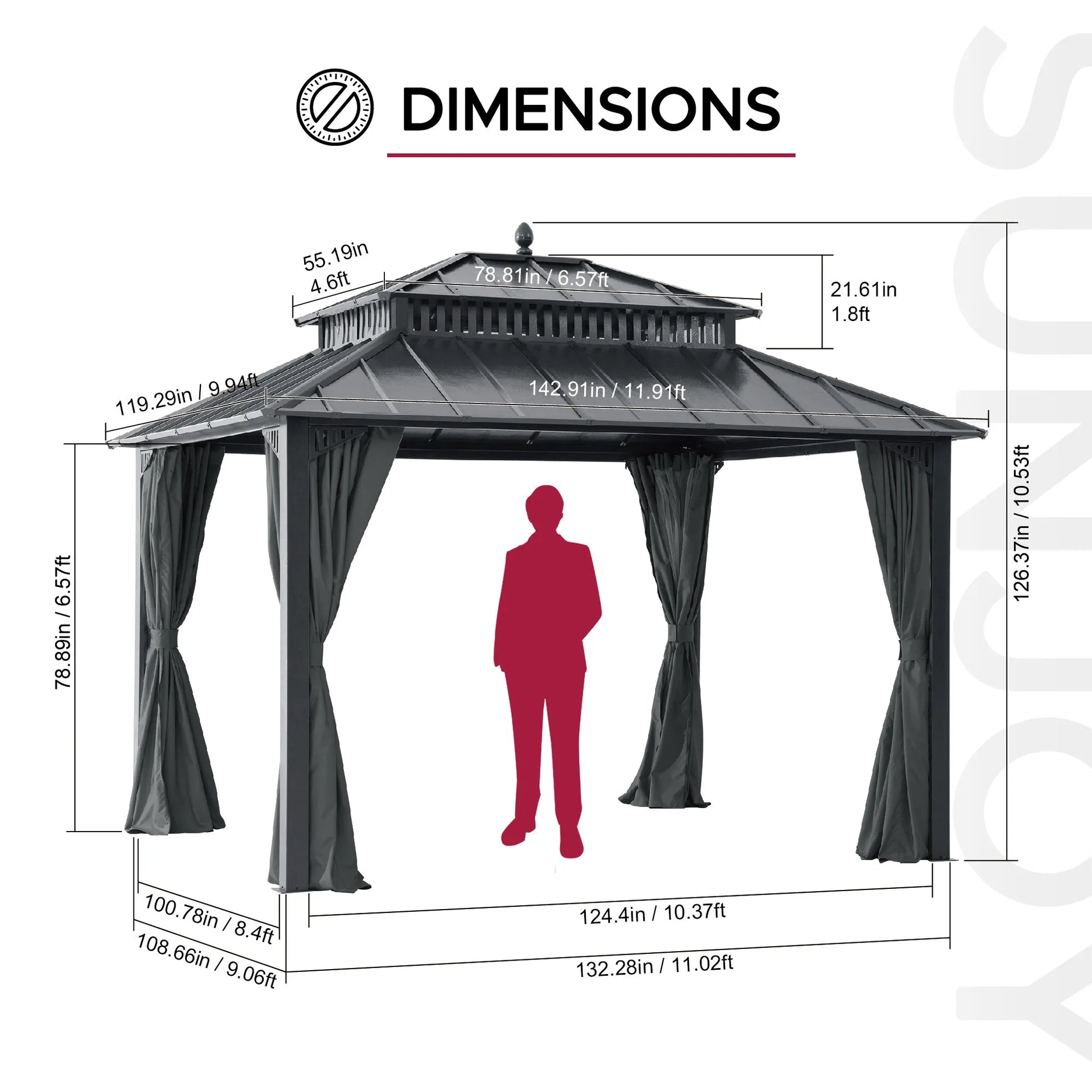 Mazonvintage Kingston 12x10 Gazebo with Netting & Curtain | Steel Roof - Gray Aluminum Posts
