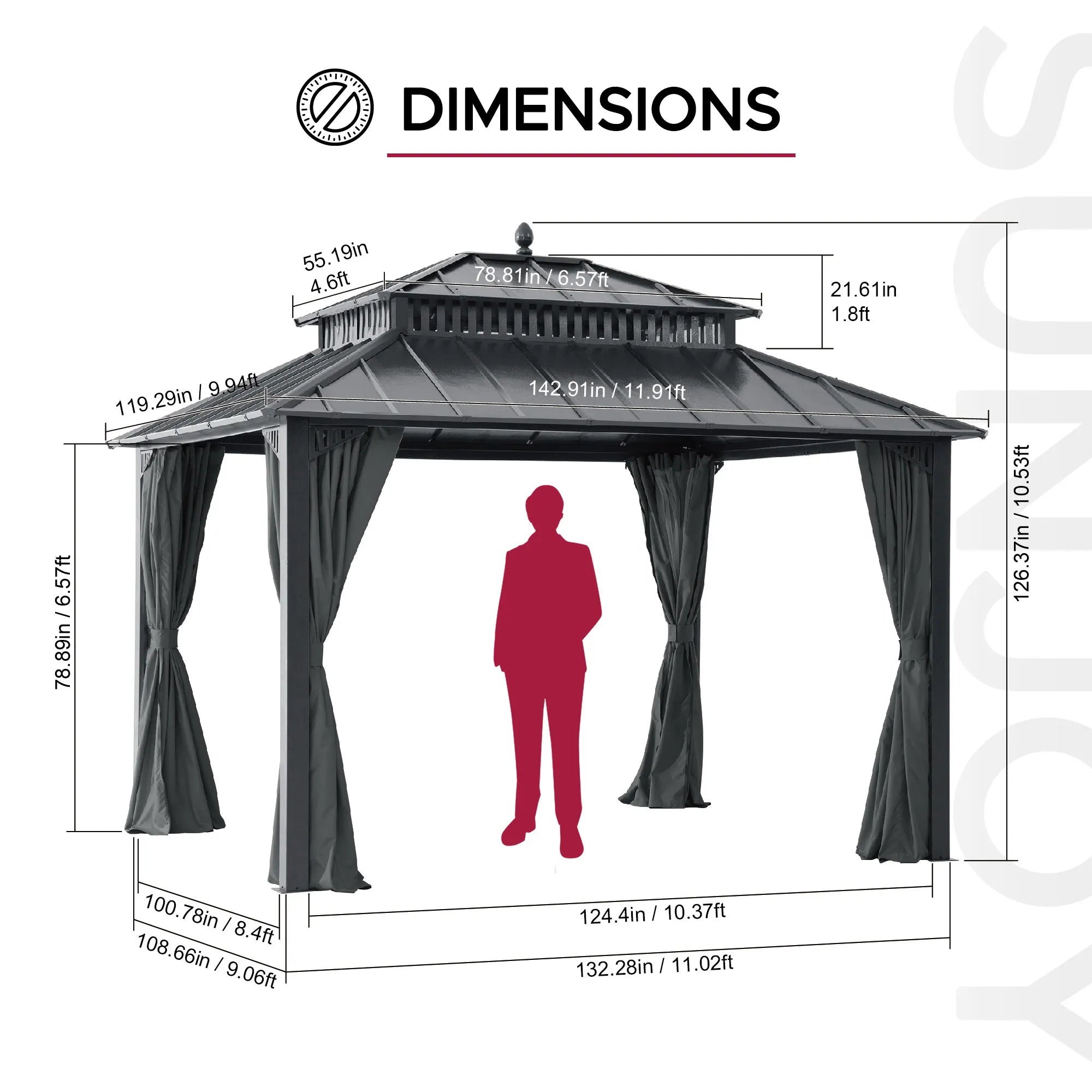 Mazonvintage Kingston 12x10 Gazebo with Netting & Curtain | Steel Roof - Gray Aluminum Posts