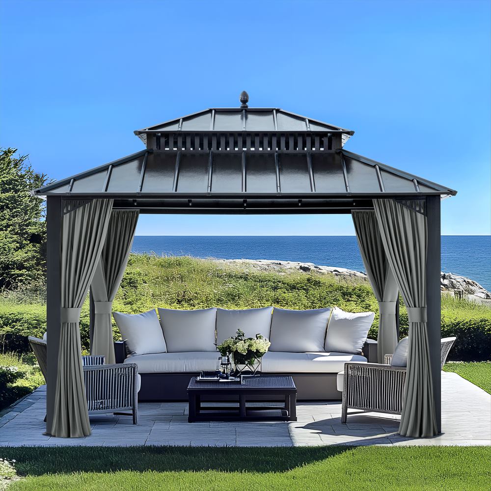 Mazonvintage Kingston 12x10 Gazebo with Netting & Curtain | Steel Roof - Gray Aluminum Posts