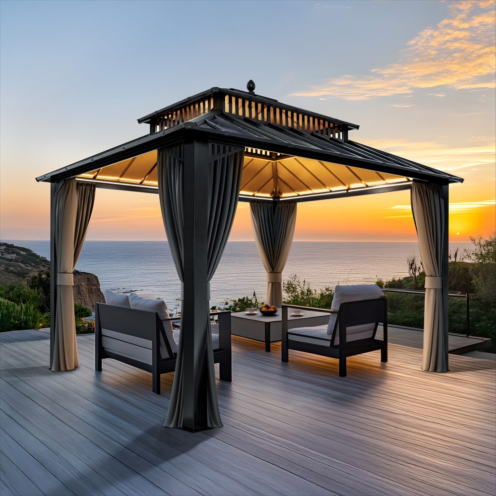 Mazonvintage Kingston 12x10 Gazebo with Netting & Curtain | Steel Roof - Gray Aluminum Posts
