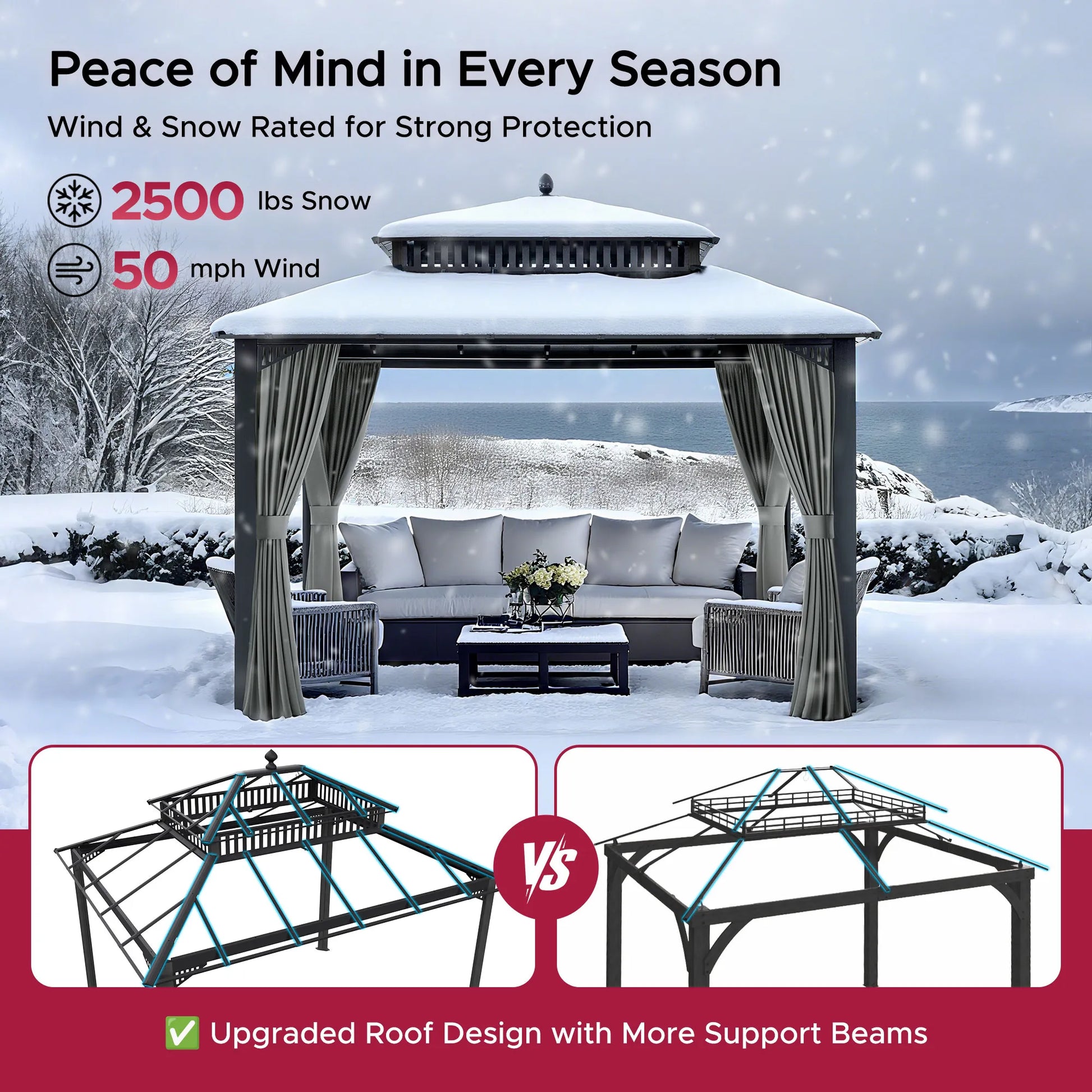 Mazonvintage Kingston 12x10 Gazebo with Netting & Curtain | Steel Roof - Gray Aluminum Posts