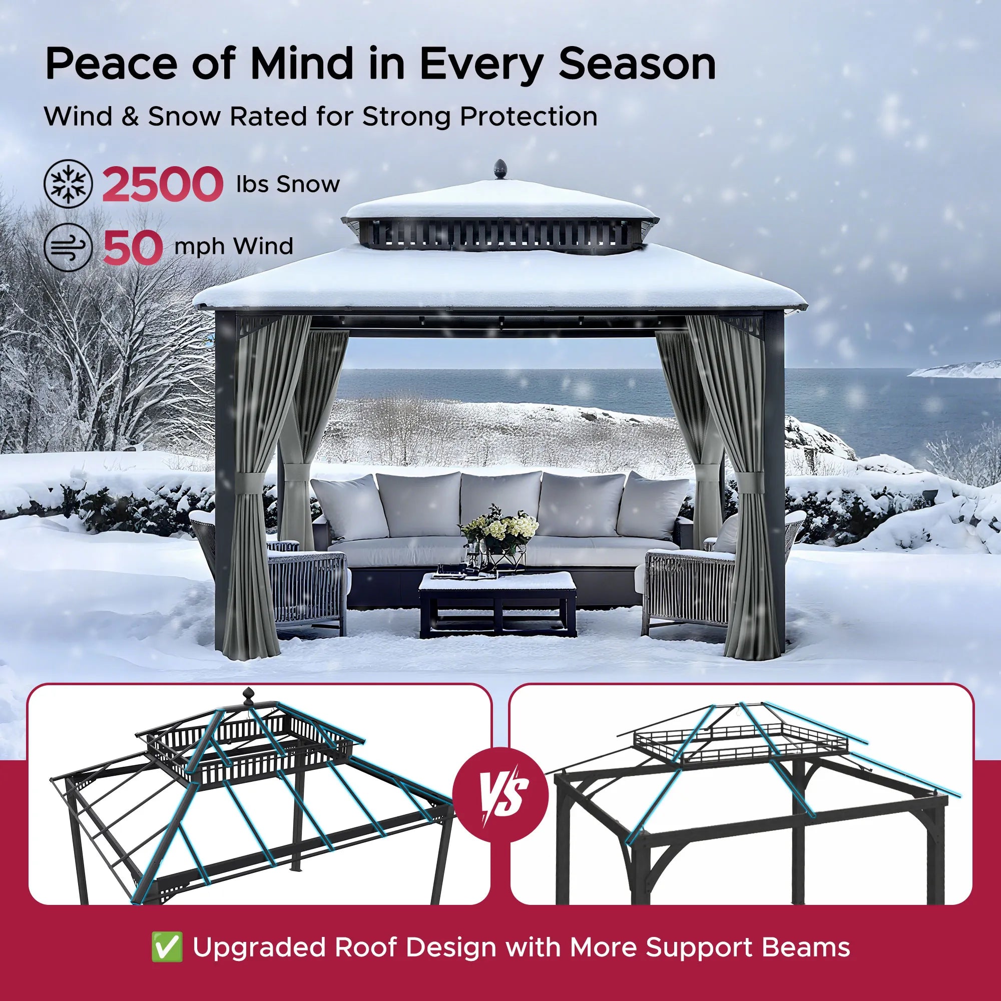 Mazonvintage Kingston 12x10 Gazebo with Netting & Curtain | Steel Roof - Gray Aluminum Posts