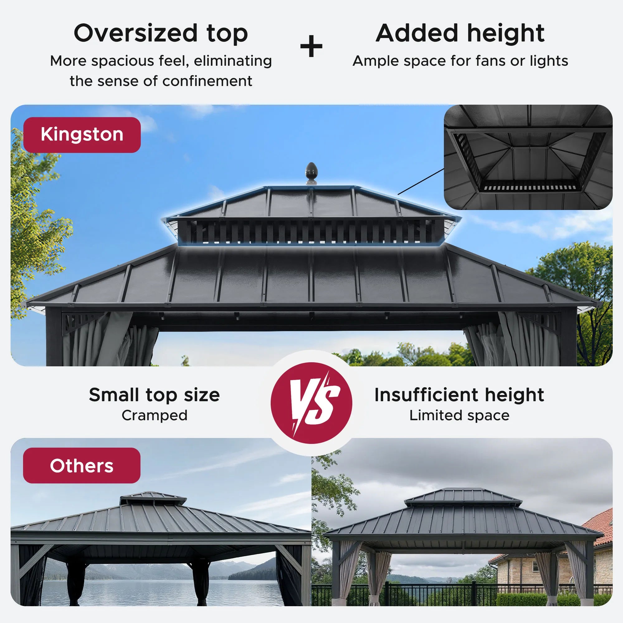 Mazonvintage Kingston 12x10 Gazebo with Netting & Curtain | Steel Roof - Gray Aluminum Posts