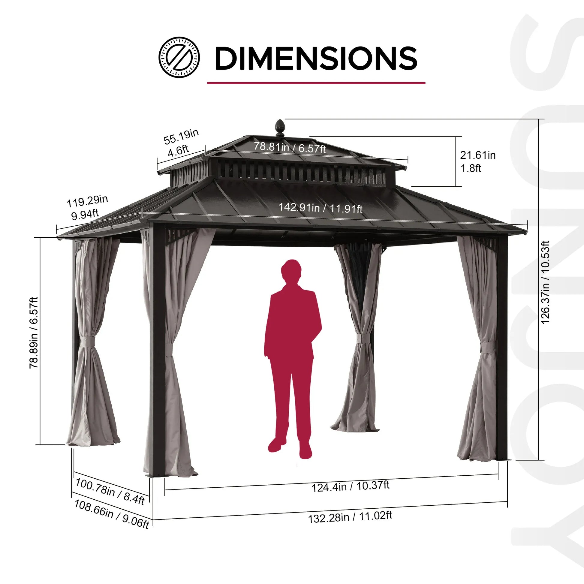 Mazonvintage Kingston 12x10 Gazebo with Netting & Curtain | Steel Roof - Brown Aluminum Posts
