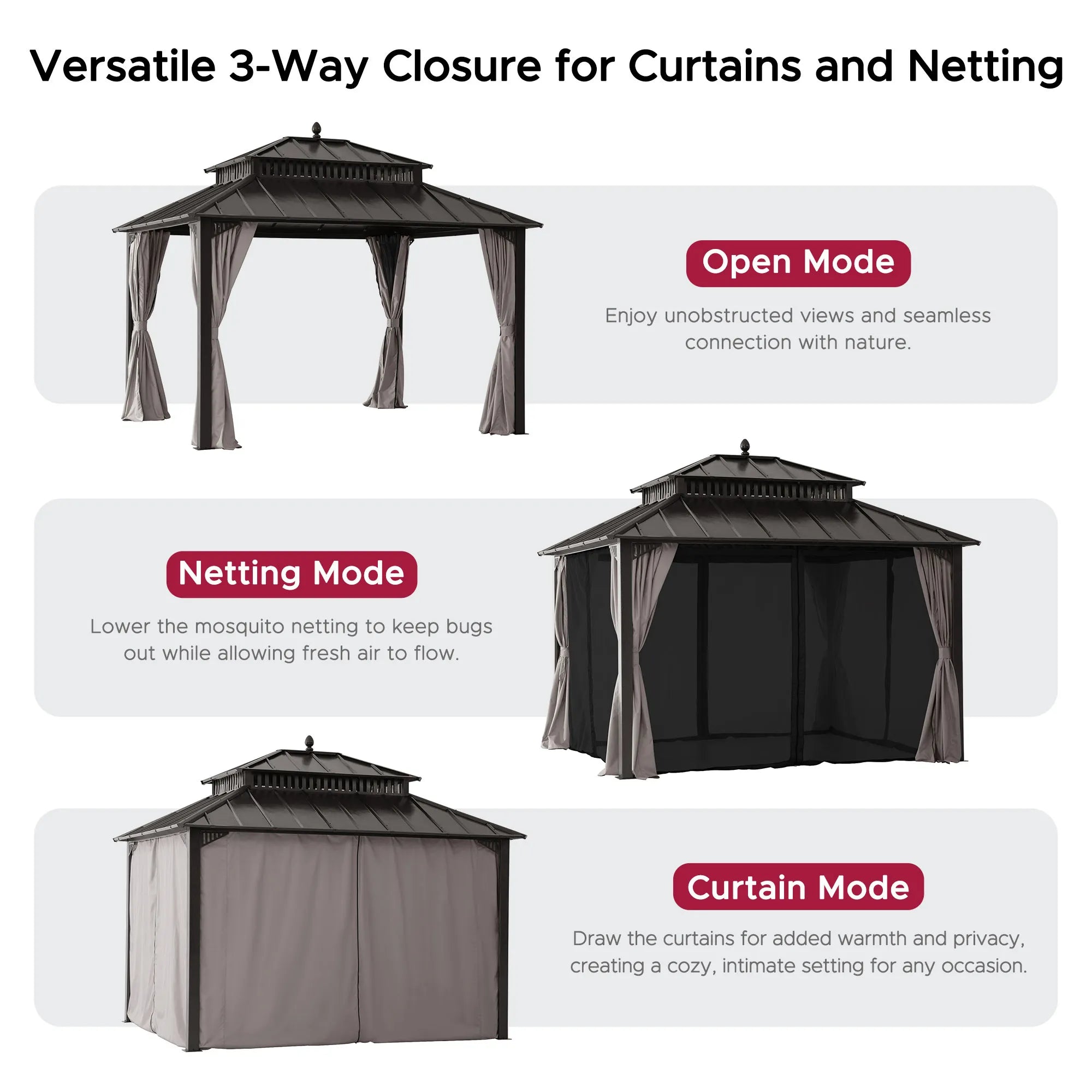 Mazonvintage Kingston 12x10 Gazebo with Netting & Curtain | Steel Roof - Brown Aluminum Posts