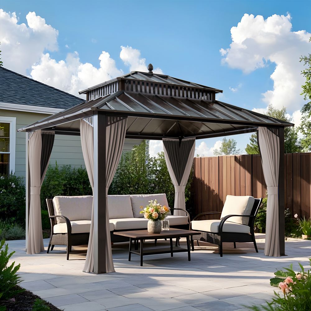 Mazonvintage Kingston 12x10 Gazebo with Netting & Curtain | Steel Roof - Brown Aluminum Posts