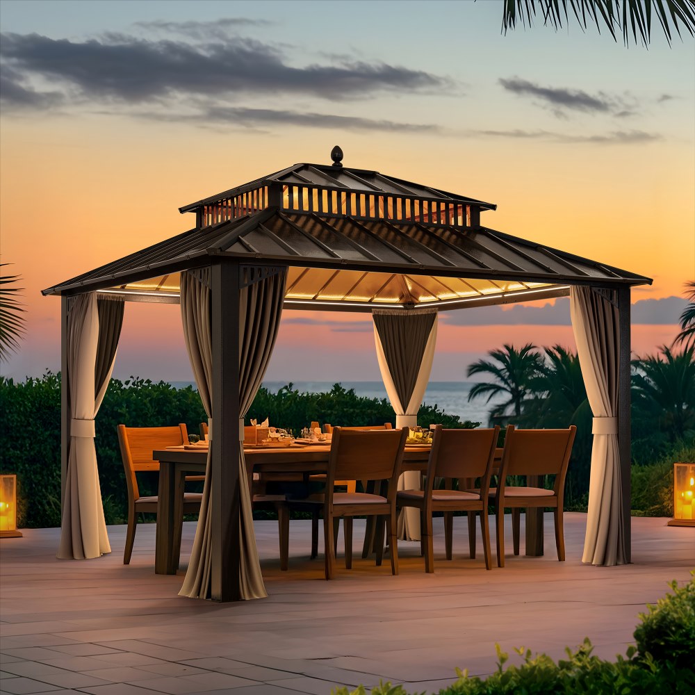 Mazonvintage Kingston 12x10 Gazebo with Netting & Curtain | Steel Roof - Brown Aluminum Posts