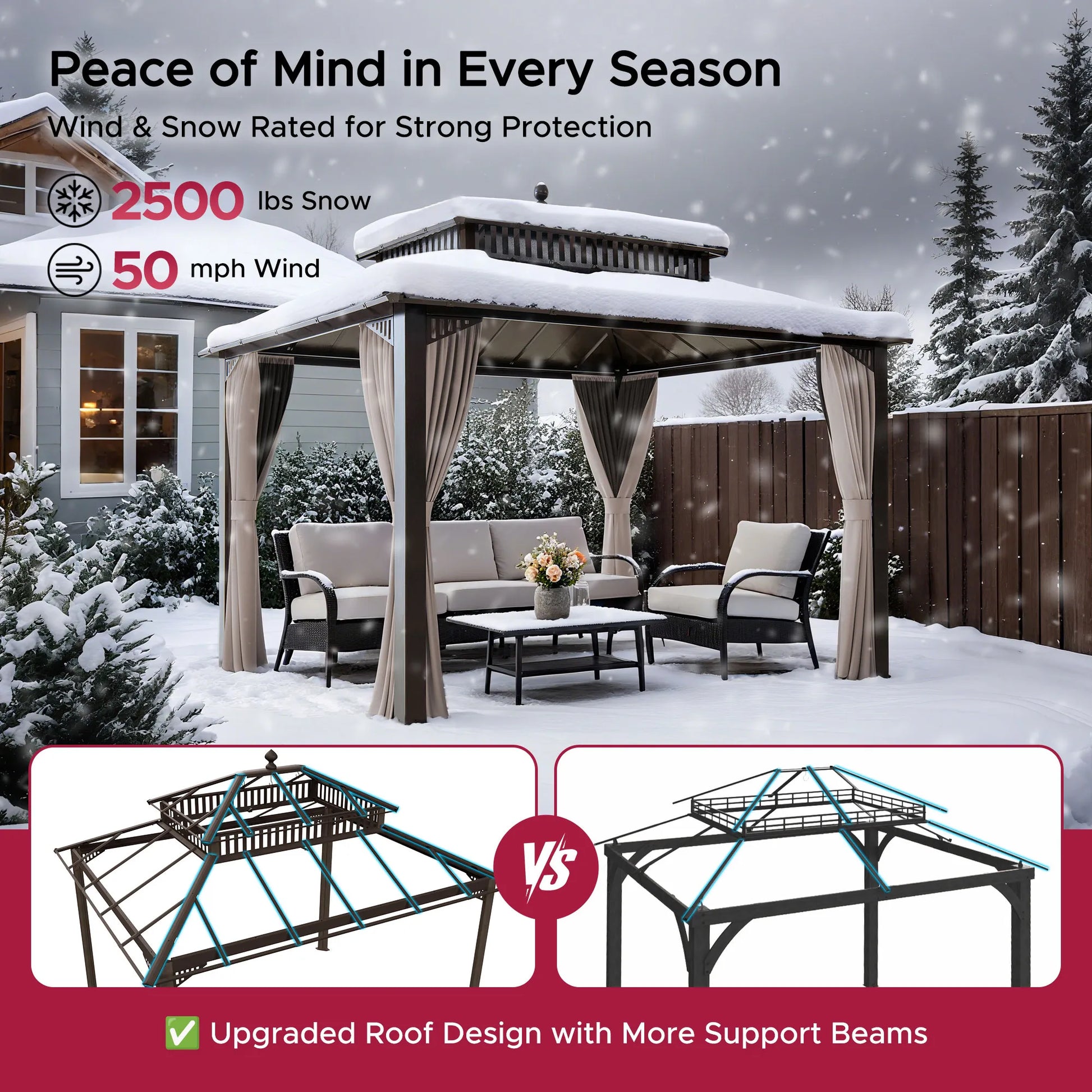 Mazonvintage Kingston 12x10 Gazebo with Netting & Curtain | Steel Roof - Brown Aluminum Posts