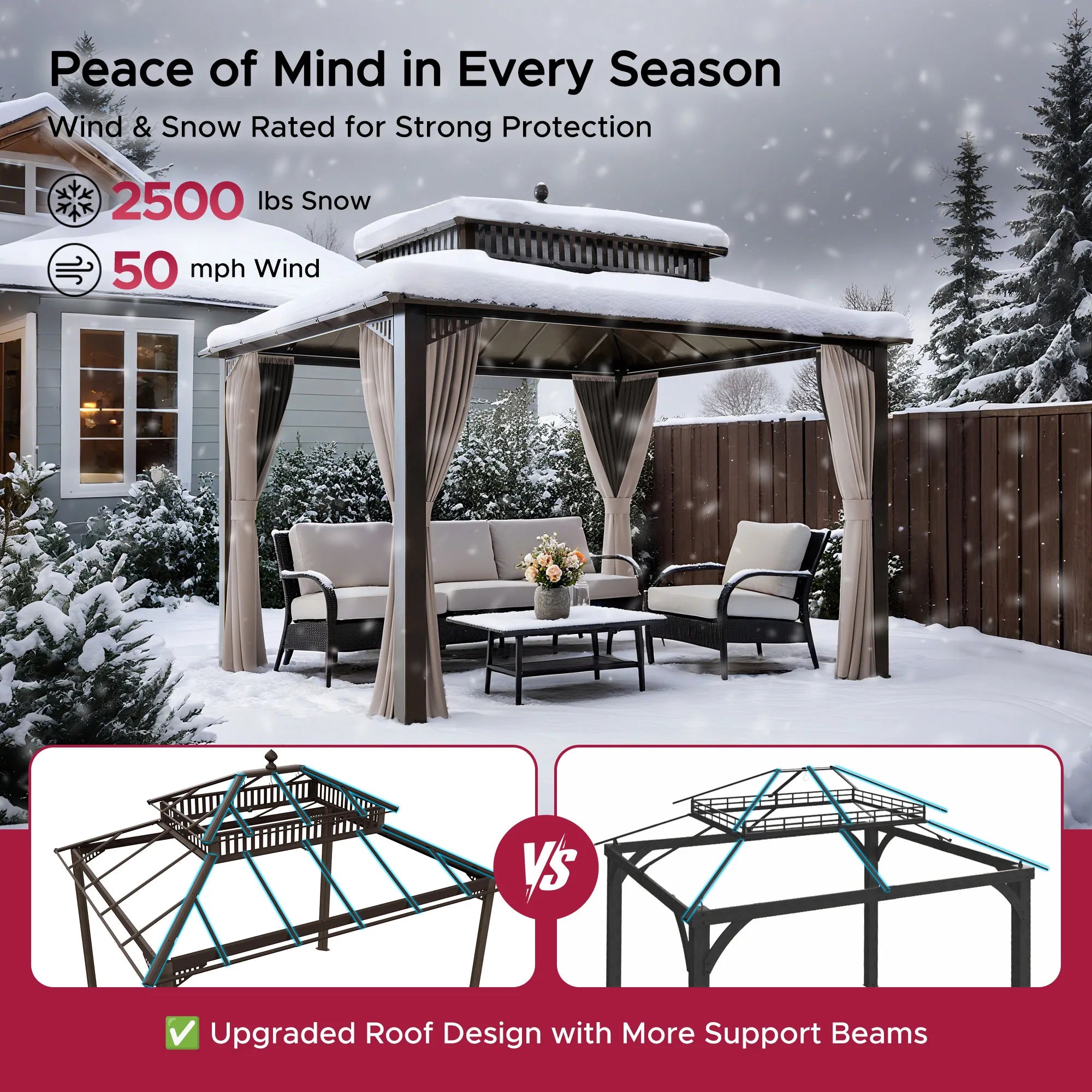 Mazonvintage Kingston 12x10 Gazebo with Netting & Curtain | Steel Roof - Brown Aluminum Posts
