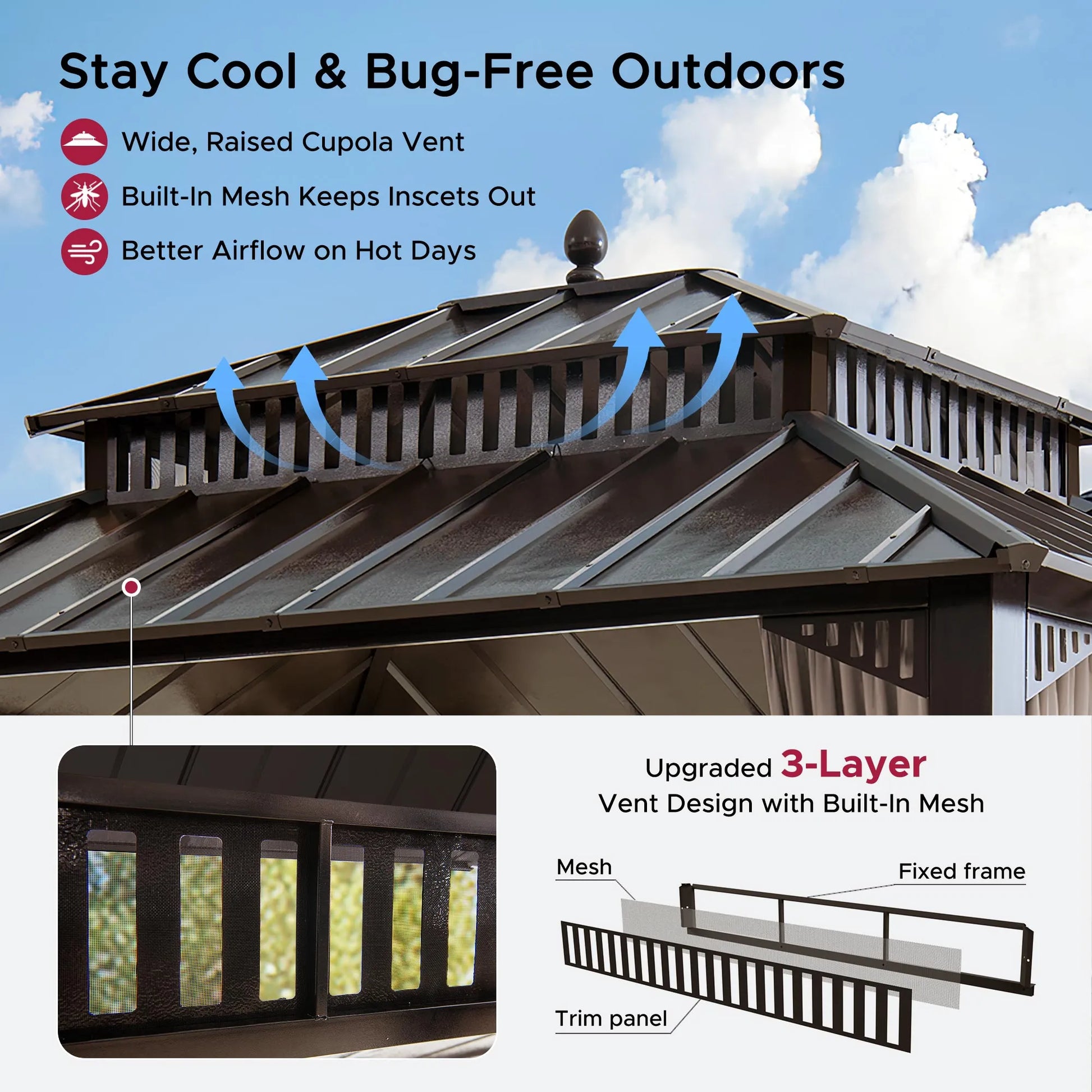 Mazonvintage Kingston 12x10 Gazebo with Netting & Curtain | Steel Roof - Brown Aluminum Posts