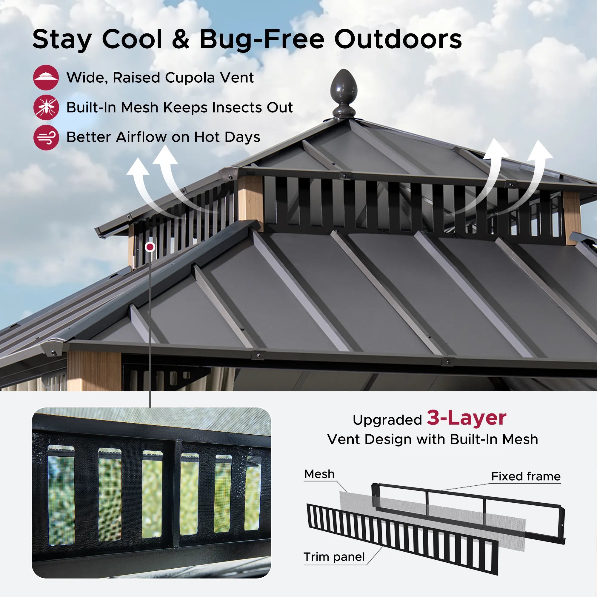 Mazonvintage Kingston 10x10 Gazebo with Netting & Curtain | Steel Roof - Woodgrain Aluminum Posts