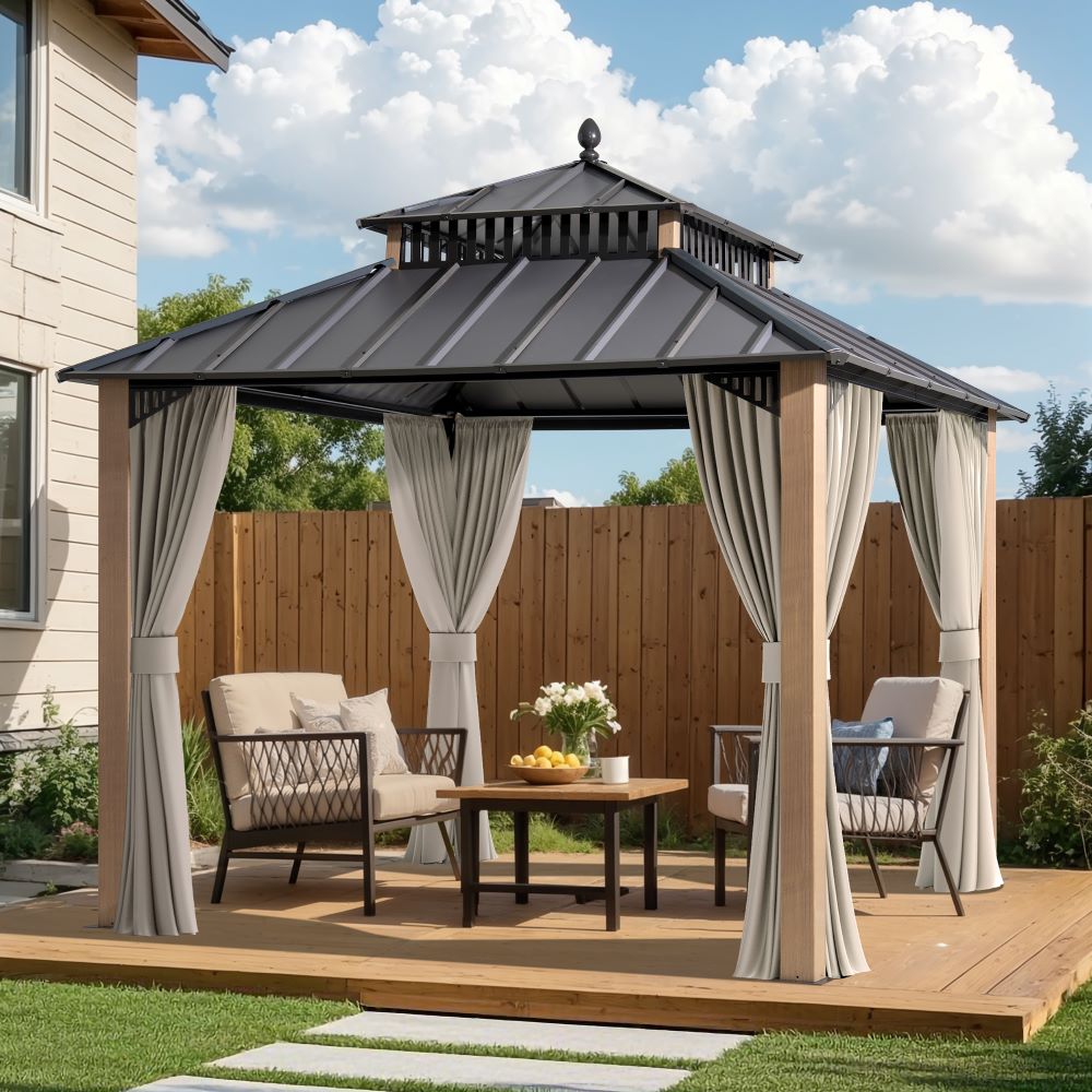 Mazonvintage Kingston 10x10 Gazebo with Netting & Curtain | Steel Roof - Woodgrain Aluminum Posts