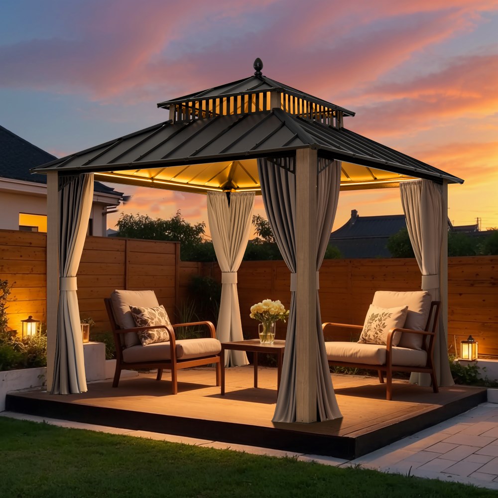 Mazonvintage Kingston 10x10 Gazebo with Netting & Curtain | Steel Roof - Woodgrain Aluminum Posts
