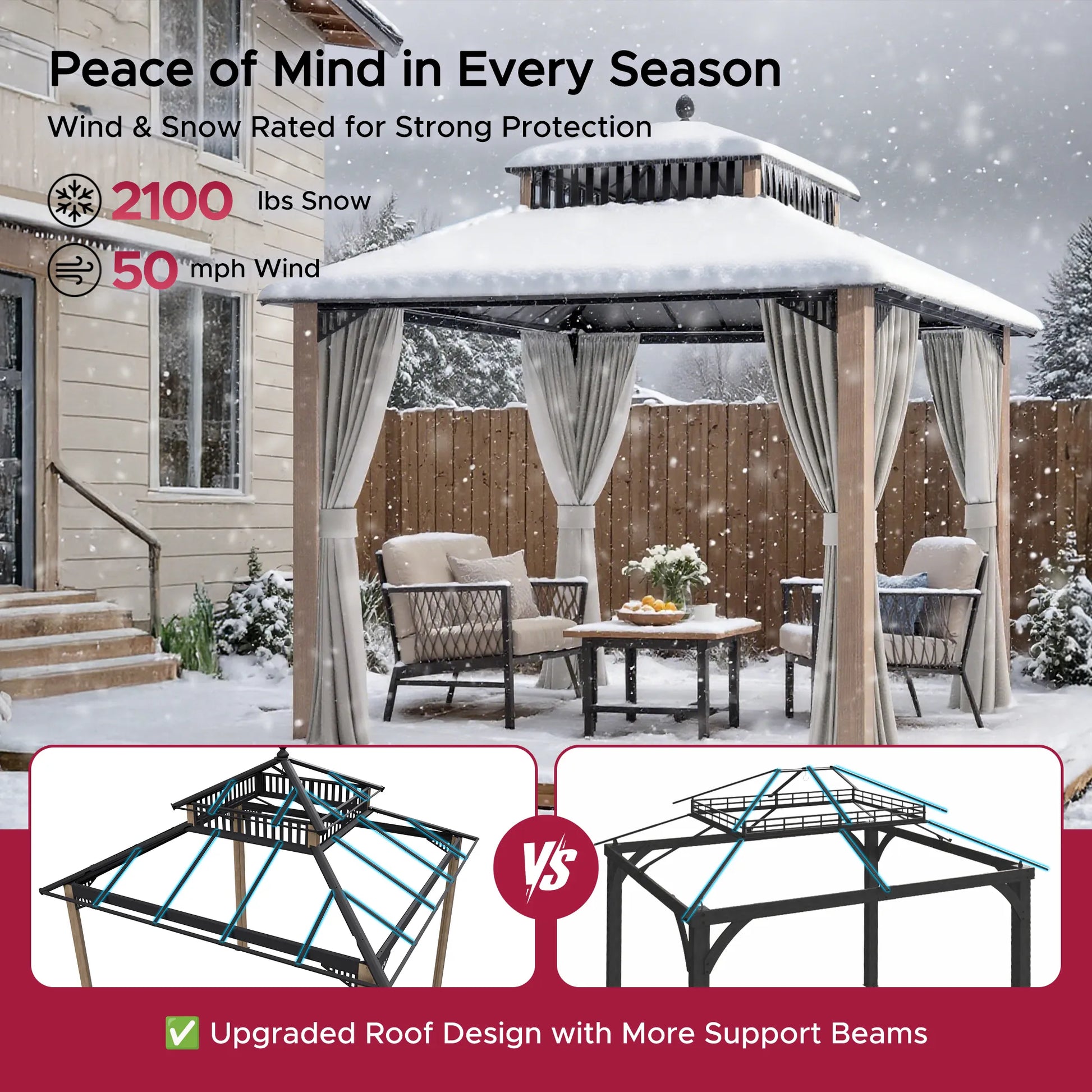 Mazonvintage Kingston 10x10 Gazebo with Netting & Curtain | Steel Roof - Woodgrain Aluminum Posts