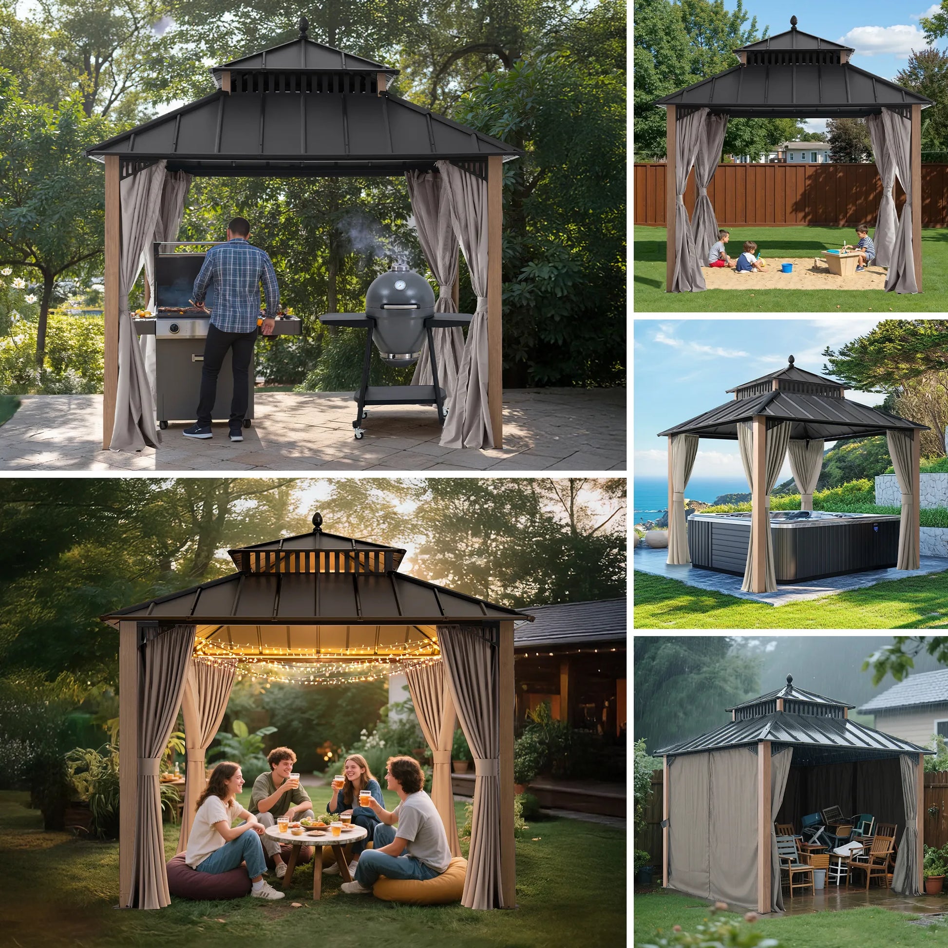 Mazonvintage Kingston 10x10 Gazebo with Netting & Curtain | Steel Roof - Woodgrain Aluminum Posts