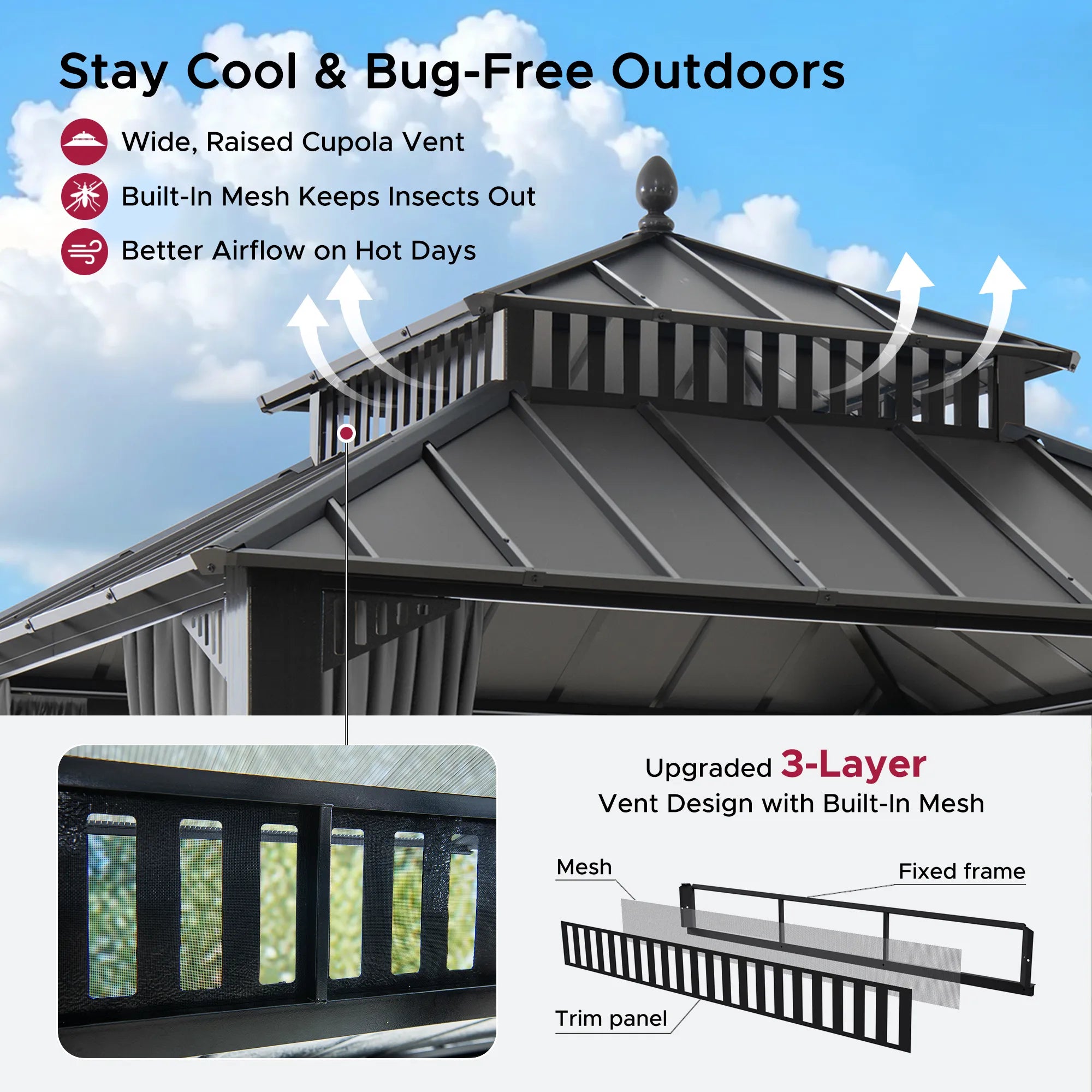 Mazonvintage Kingston 10x10 Gazebo with Netting & Curtain | Steel Roof - Gray Aluminum Posts
