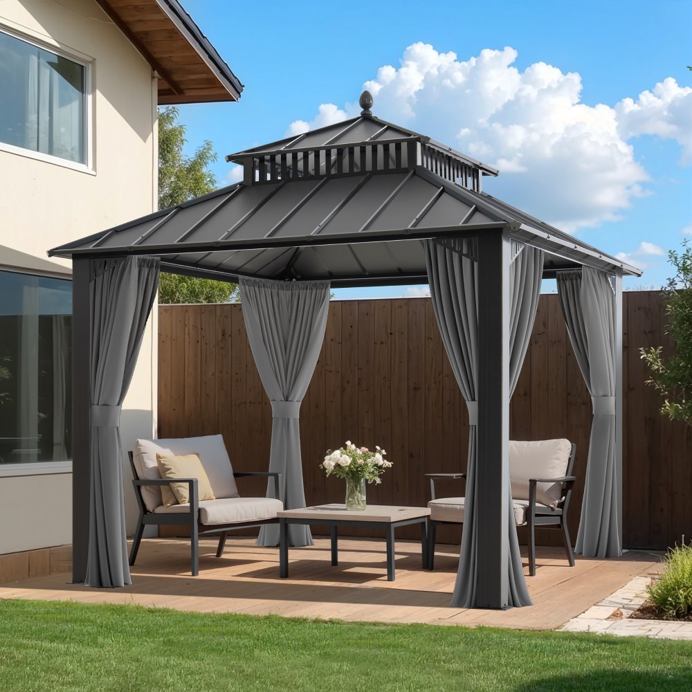 Mazonvintage Kingston 10x10 Gazebo with Netting & Curtain | Steel Roof - Gray Aluminum Posts