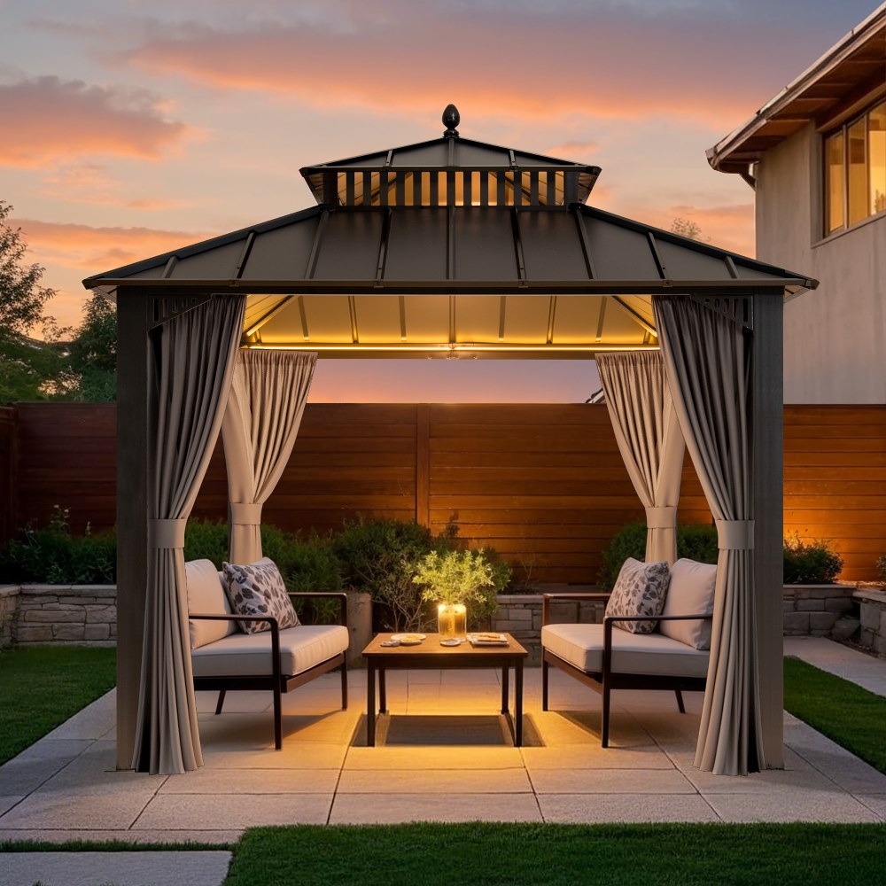 Mazonvintage Kingston 10x10 Gazebo with Netting & Curtain | Steel Roof - Gray Aluminum Posts