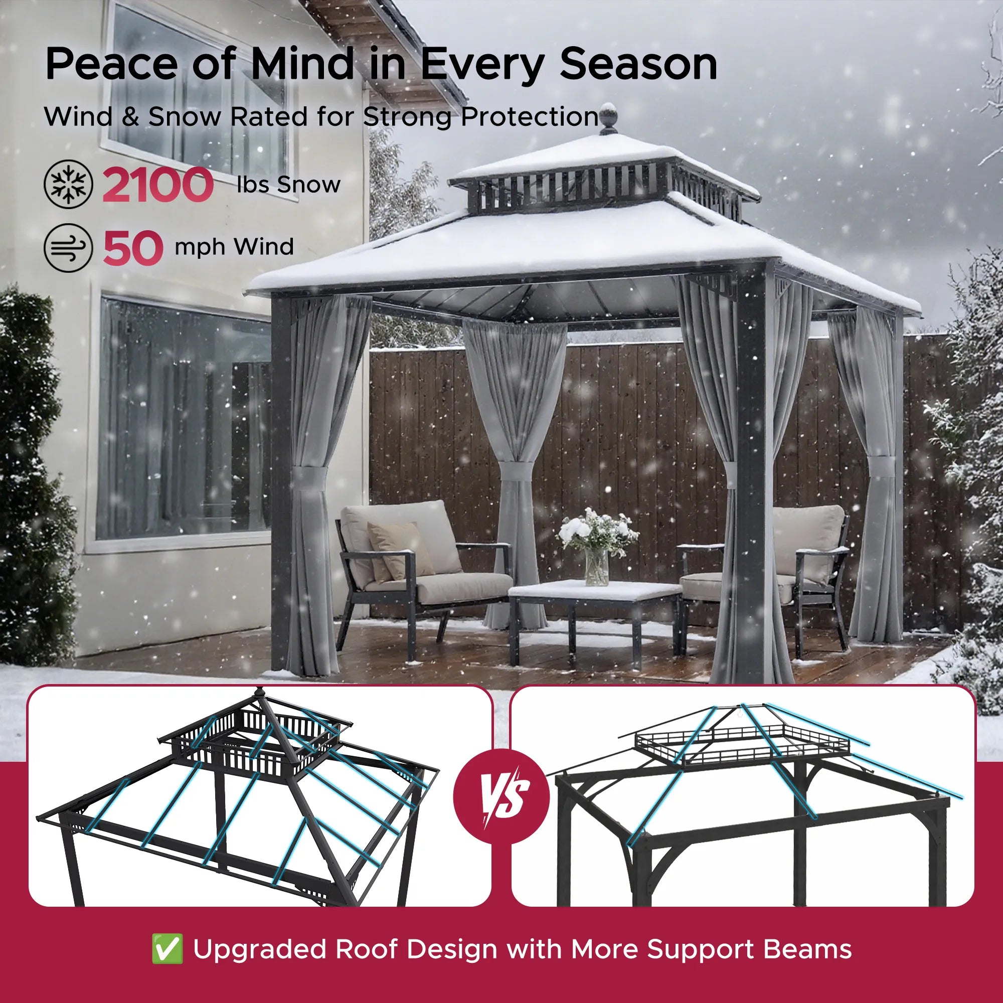 Mazonvintage Kingston 10x10 Gazebo with Netting & Curtain | Steel Roof - Gray Aluminum Posts