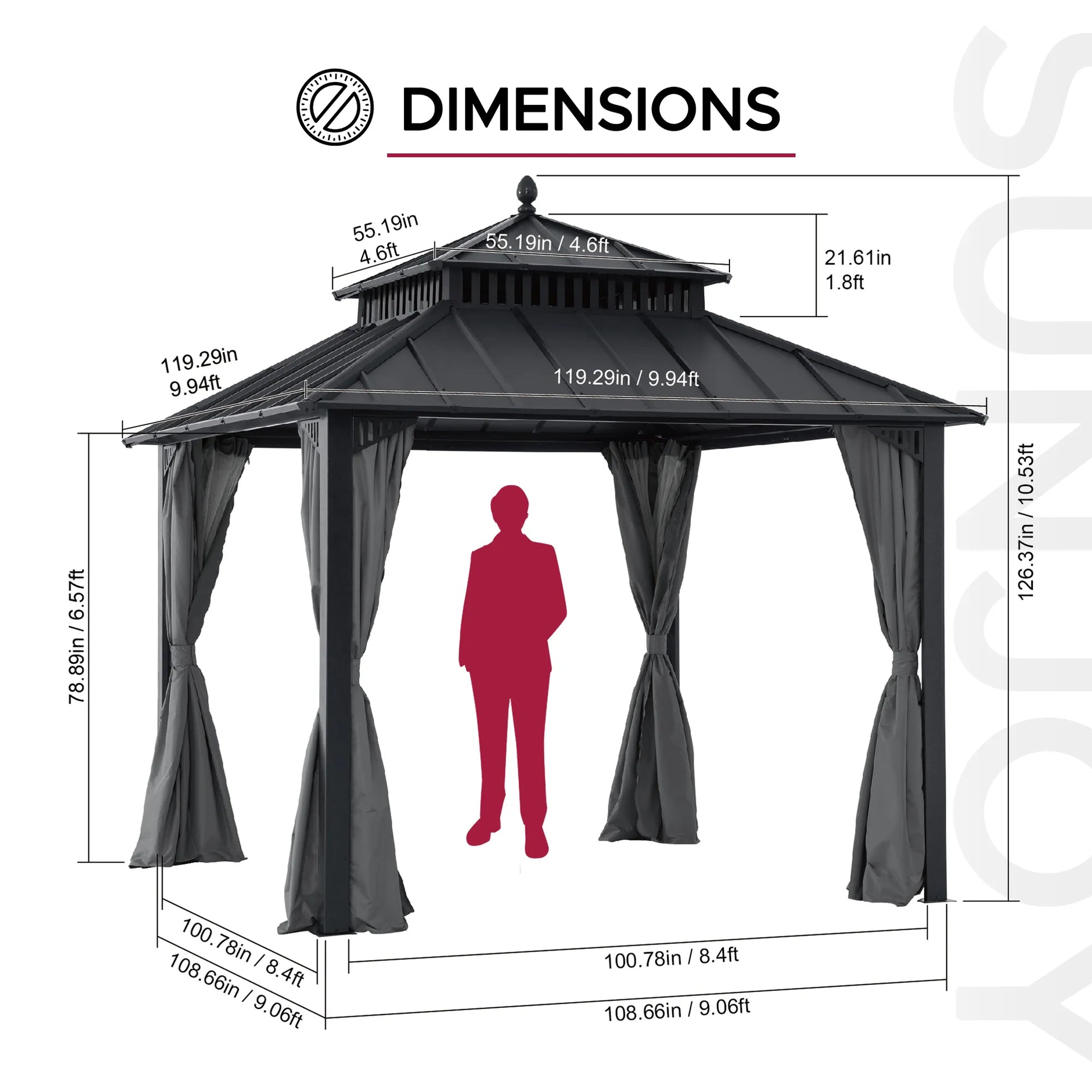 Mazonvintage Kingston 10x10 Gazebo with Netting & Curtain | Steel Roof - Gray Aluminum Posts