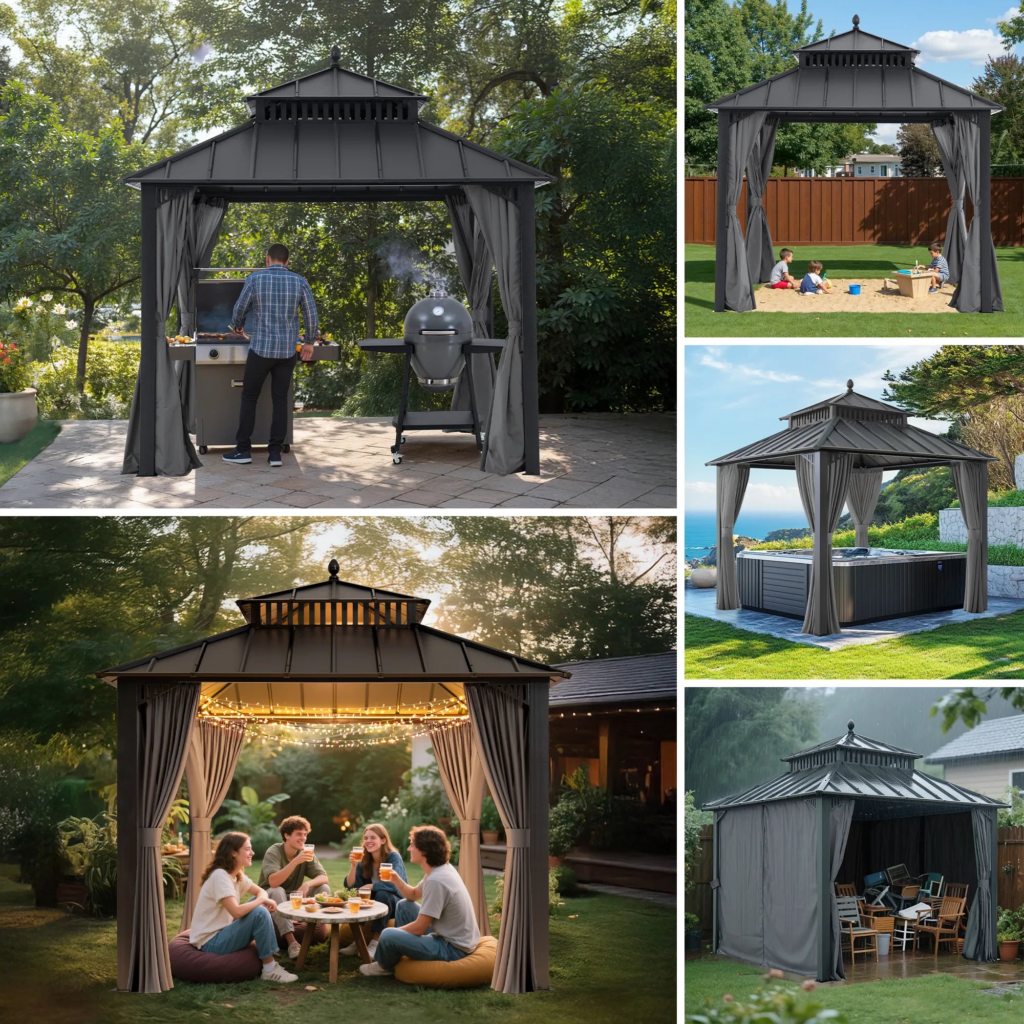 Mazonvintage Kingston 10x10 Gazebo with Netting & Curtain | Steel Roof - Gray Aluminum Posts