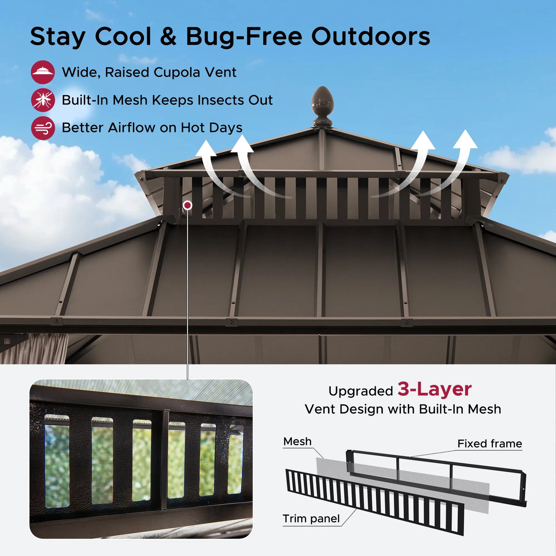 Mazonvintage Kingston 10x10 Gazebo with Netting & Curtain | Steel Roof - Brown Aluminum Posts