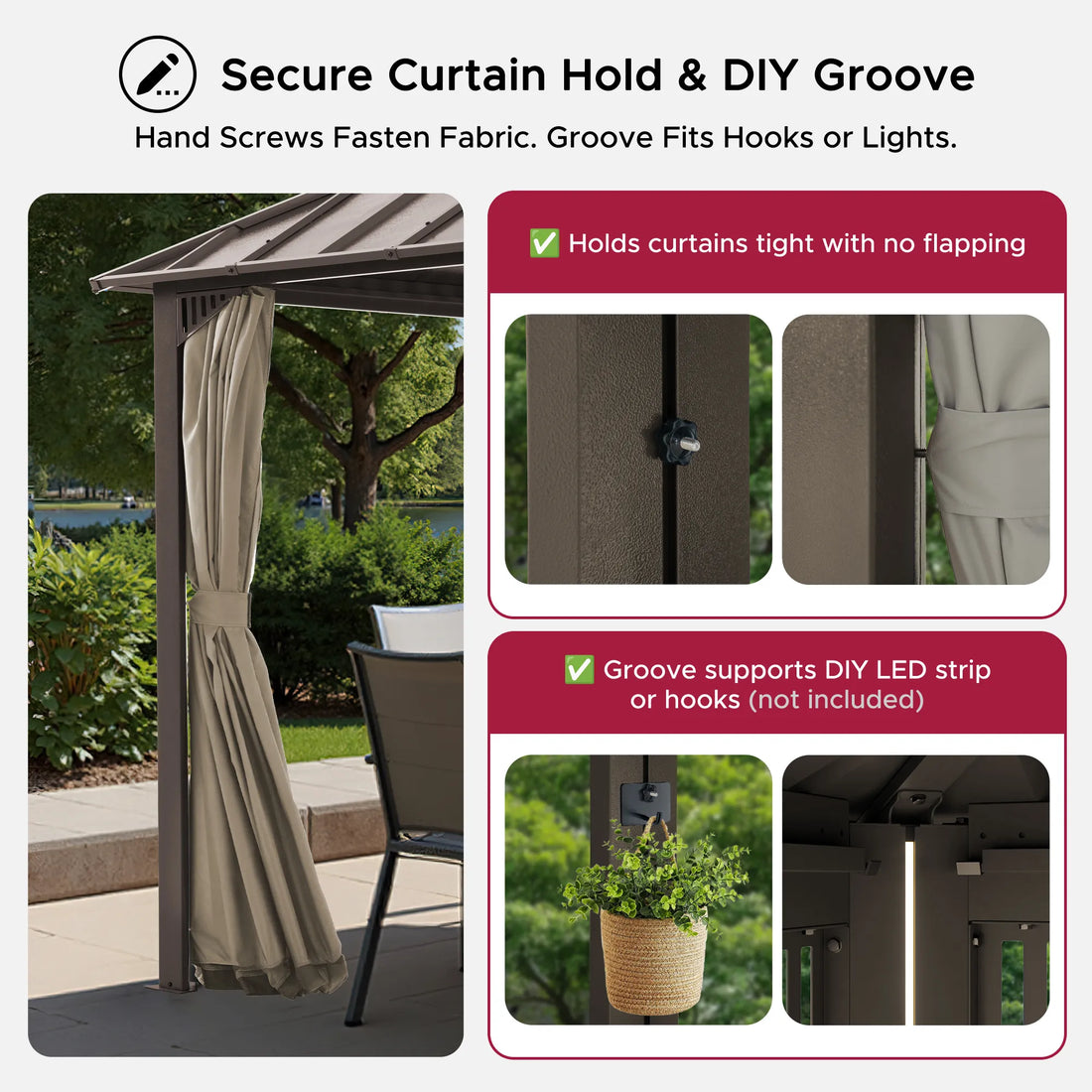 Mazonvintage Kingston 10x10 Gazebo with Netting & Curtain | Steel Roof - Brown Aluminum Posts