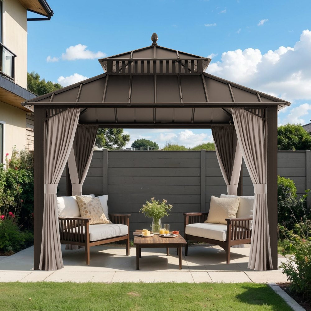Mazonvintage Kingston 10x10 Gazebo with Netting & Curtain | Steel Roof - Brown Aluminum Posts