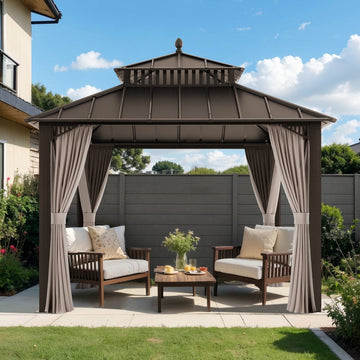 Mazonvintage Kingston 10x10 Gazebo with Netting & Curtain | Steel Roof - Brown Aluminum Posts