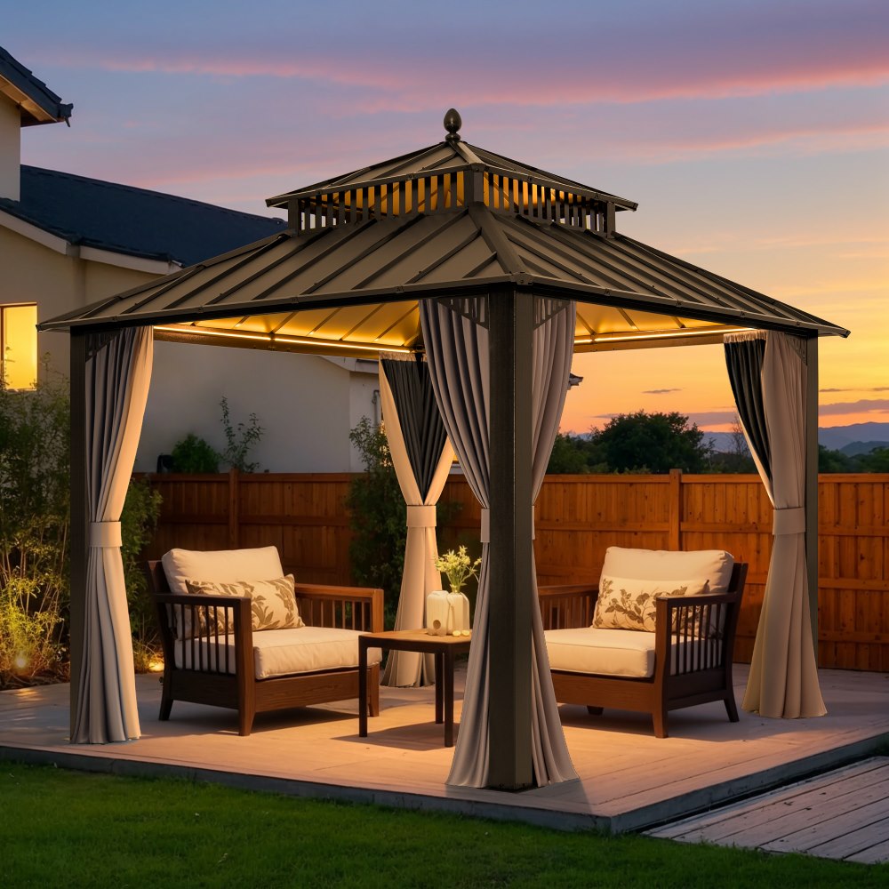 Mazonvintage Kingston 10x10 Gazebo with Netting & Curtain | Steel Roof - Brown Aluminum Posts