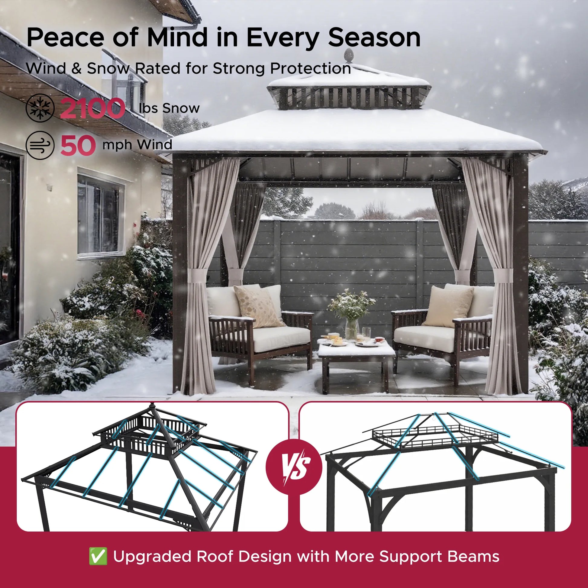 Mazonvintage Kingston 10x10 Gazebo with Netting & Curtain | Steel Roof - Brown Aluminum Posts