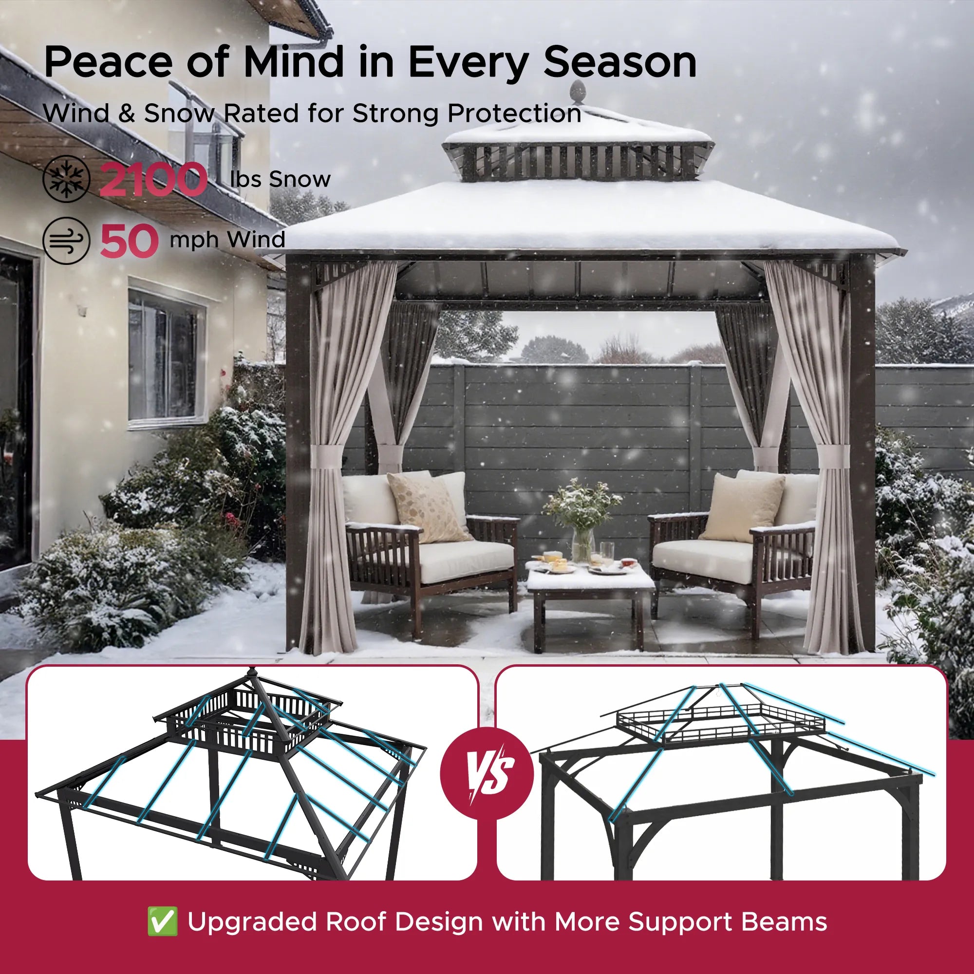 Mazonvintage Kingston 10x10 Gazebo with Netting & Curtain | Steel Roof - Brown Aluminum Posts